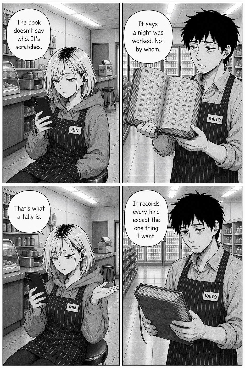 Four panels: Rin says the book only holds scratches; Kaito holds it up, frustrated that it records everything except who.