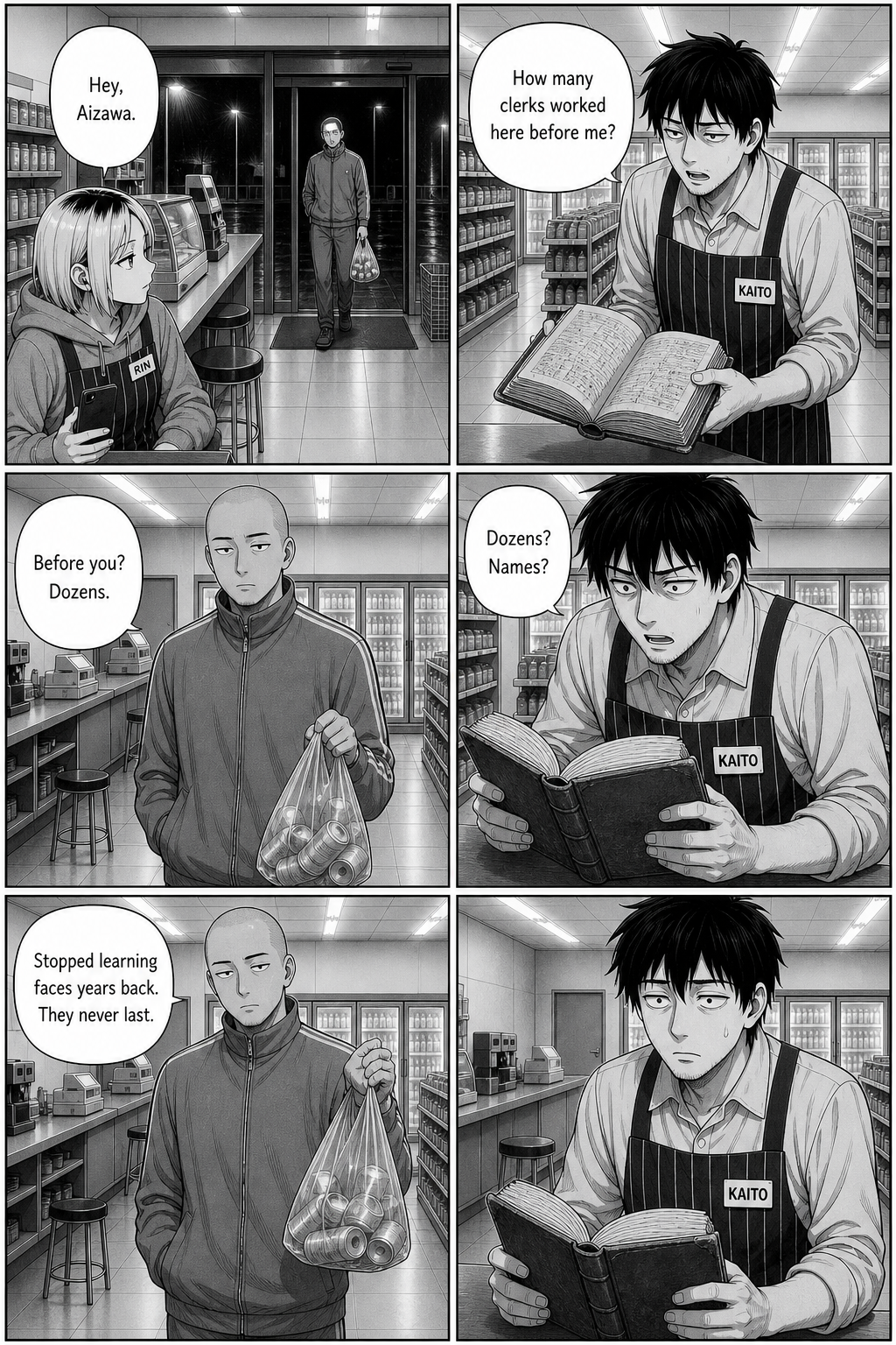 Six panels: the tall shaved-head tracksuit regular with a bag of cans tells Kaito there were dozens of clerks before him and that they never last.