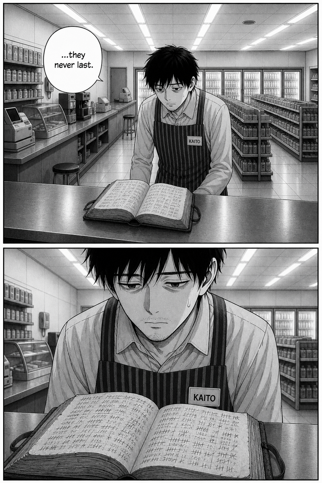 Two panels: Kaito alone at the counter repeats 'they never last,' then stares down at the open ledger in silence.