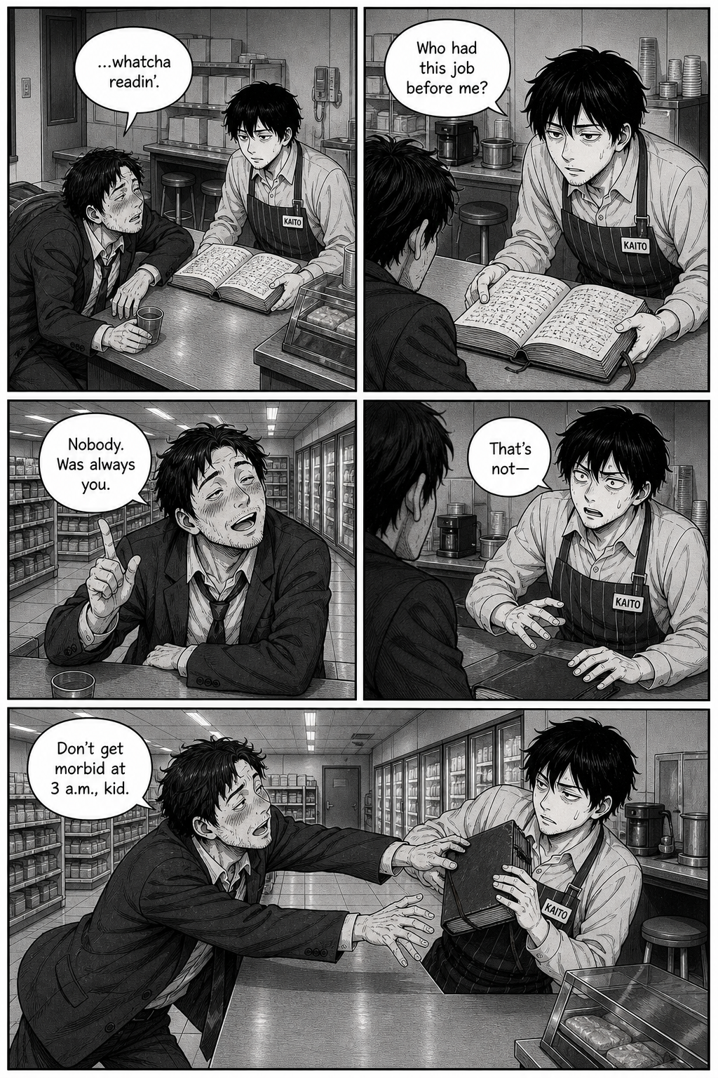 Five panels: a drunk salaryman insists nobody worked here before Kaito and reaches for the book; Kaito pulls it back.