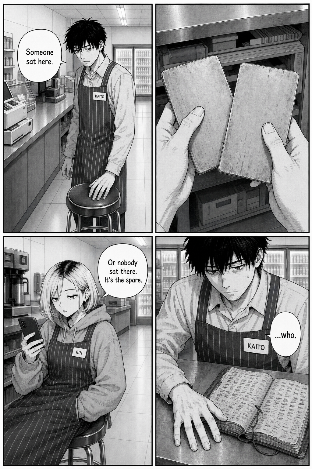 Four panels: Kaito studies the unused north stool and blank time cards; Rin calls it the spare; Kaito lays his hand flat on the counter again.