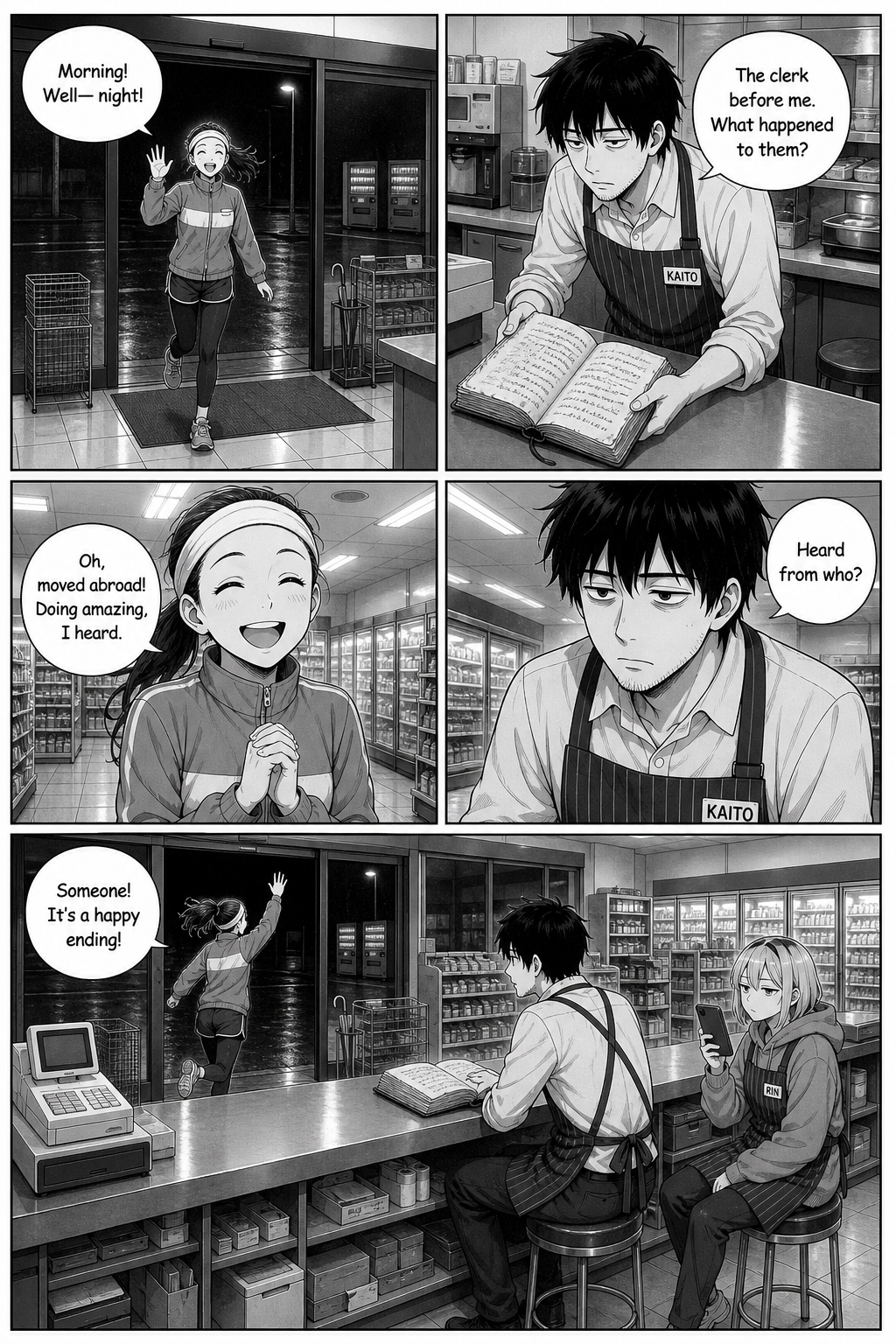 Five panels: a cheerful jogger claims the previous clerk moved abroad and is doing great, then leaves; nobody's story agrees.
