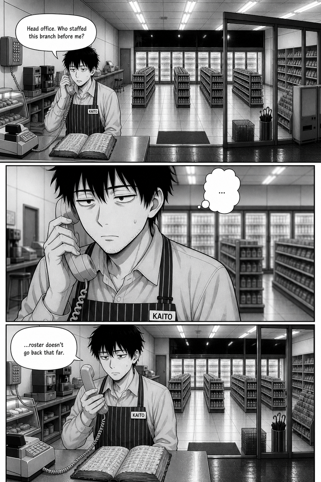 Three panels: Kaito phones head office on the beige landline, waits on hold, and lowers the receiver — the roster doesn't reach back far enough.