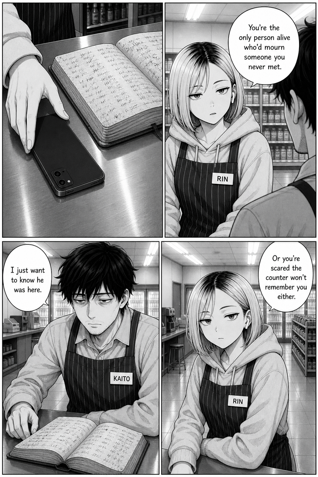 Four panels: Rin sets her phone face-down and speaks plainly to Kaito about mourning a stranger and fearing he won't be remembered.