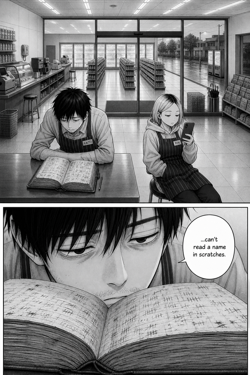 Two panels: a wide dawn shot of Kaito slumped over the ledger with Rin on her stool, then a close-up of the blurred marks.