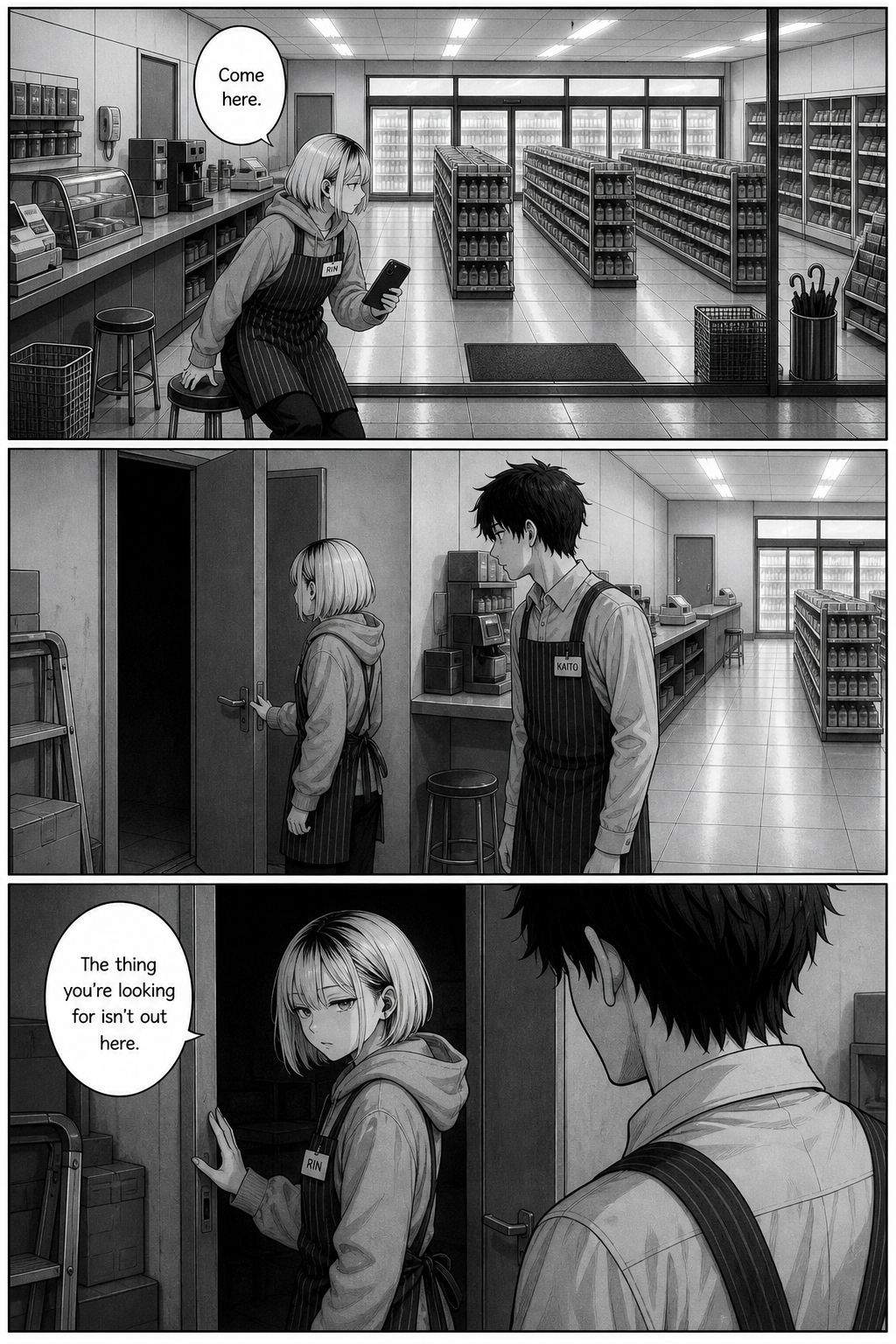Three panels: Rin gets off her stool and leads Kaito to the plain staff door in the corner, saying what he wants isn't out here.
