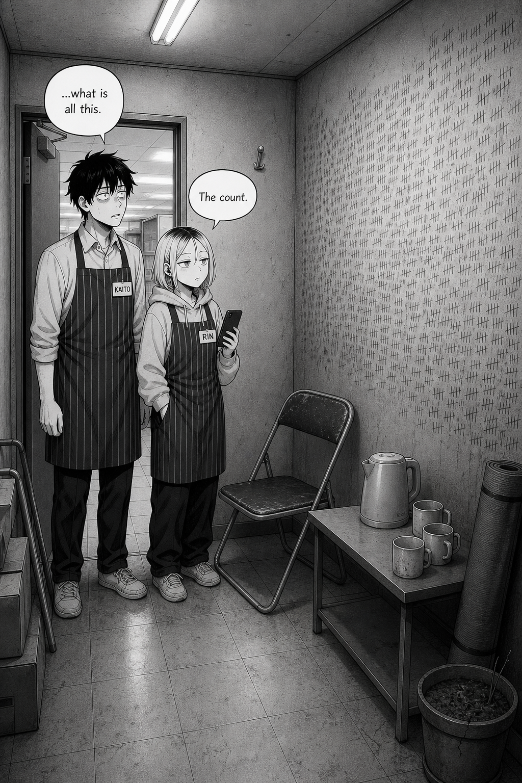 Single panel: the dim back room, a folding chair, kettle and mugs, and a whole wall covered in years of scratched tally marks. Kaito stares; Rin stands beside him.