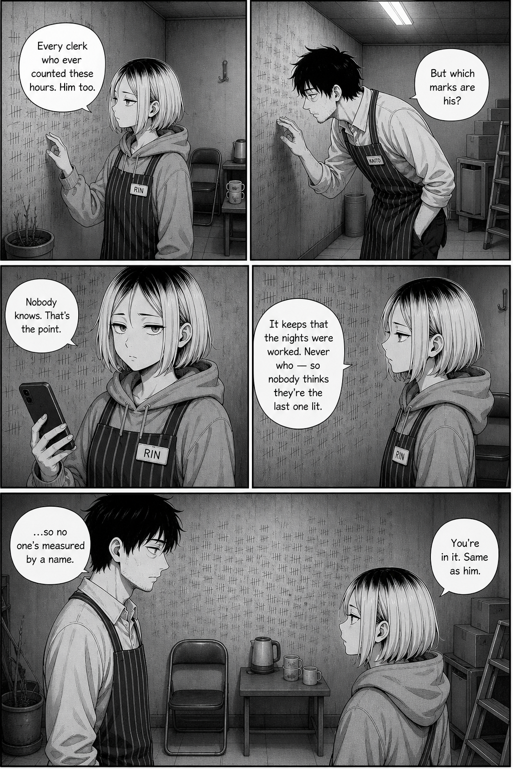 Five panels: at the tally wall, Rin explains the record keeps that nights were worked, never who, so no one thinks they're the last one lit; Kaito understands he's in it too.