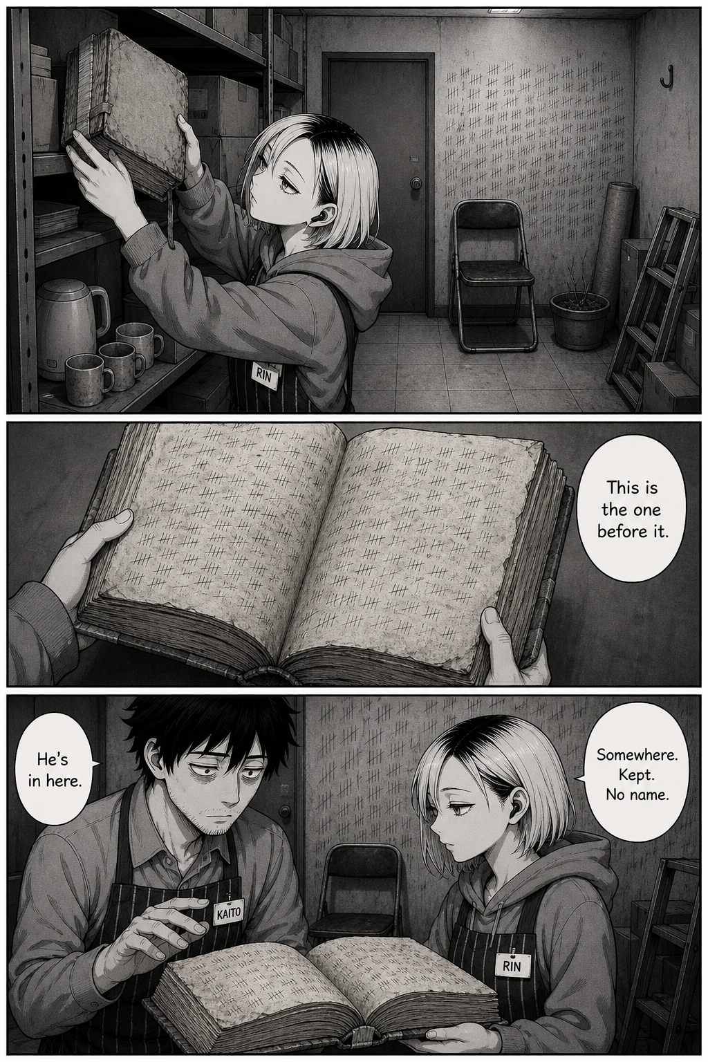 Three panels: Rin lifts an even older, fatter, faded ledger from the shelf and opens it to older marks; Kaito holds his hand above the pages.