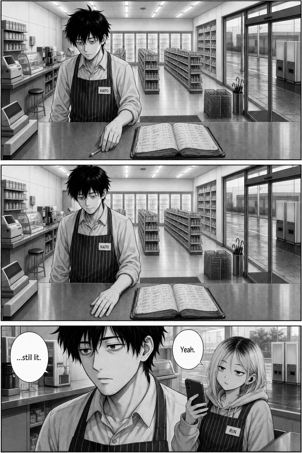 Three panels: back at the counter in dawn light, Kaito takes up a pencil, lays his hand flat by the ledger with a faint smile after adding a mark, and says '...still lit.'