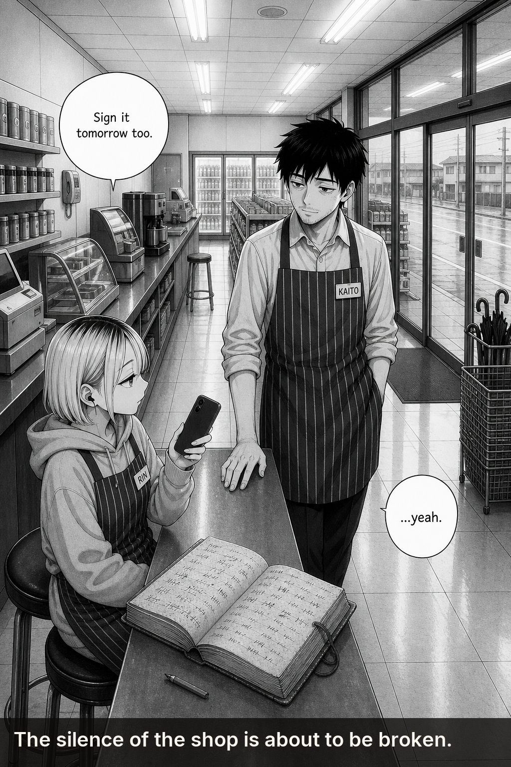 Single panel mirroring page one in grey dawn: Kaito behind the counter with his hand settled by the now-open marked ledger, Rin on her stool with her phone.