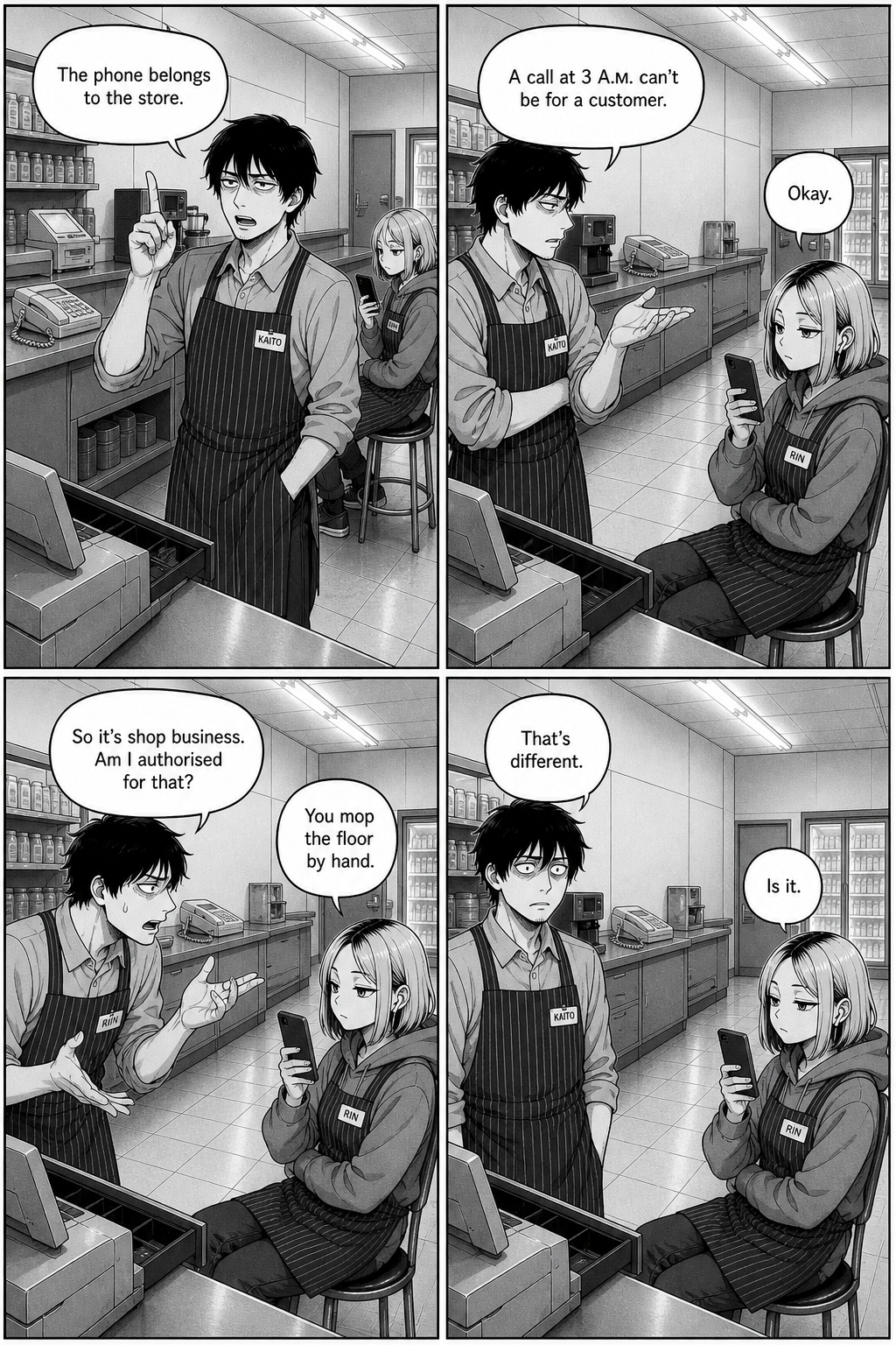 Kaito paces behind the counter arguing with himself about whether the phone is his to answer; Rin deflates every point with flat one-liners.