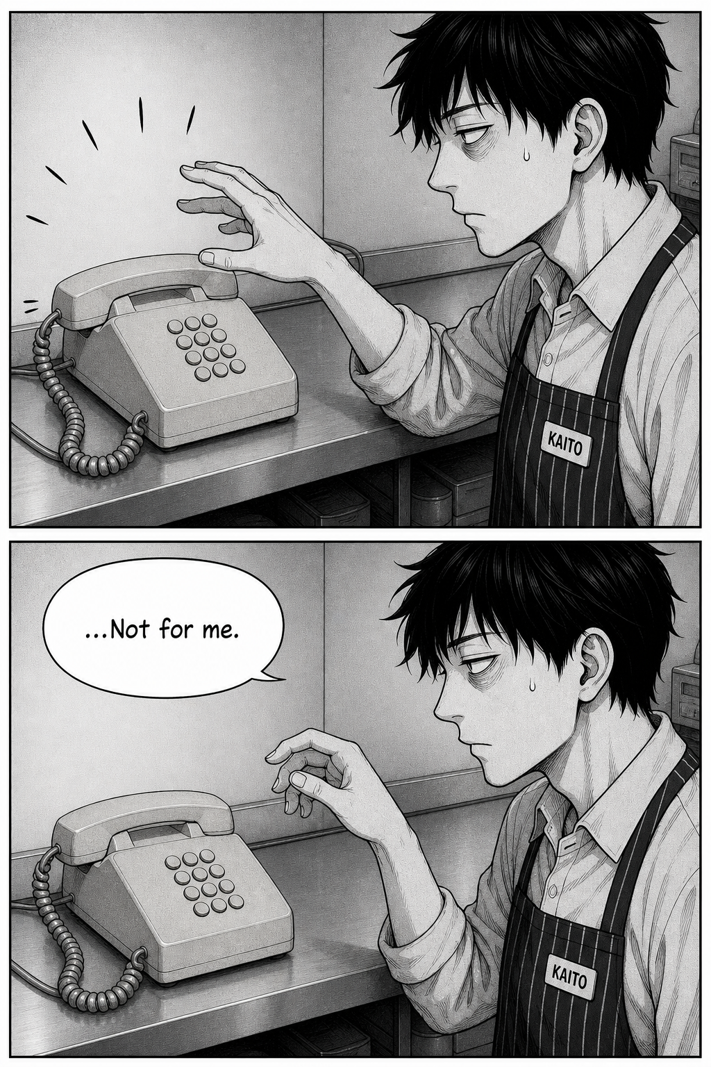 The phone rings again; Kaito's hand hovers over the handset in the identical pose, then withdraws.