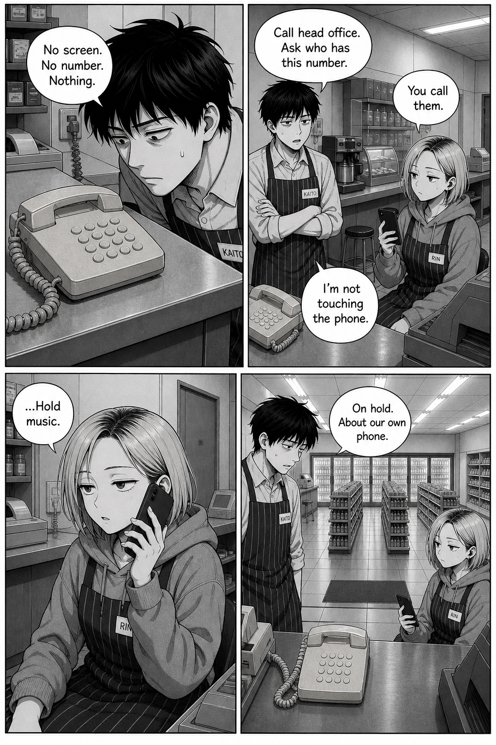 Kaito inspects the old phone for a number and finds none, then refuses to touch it and has Rin call head office, who put her on hold.