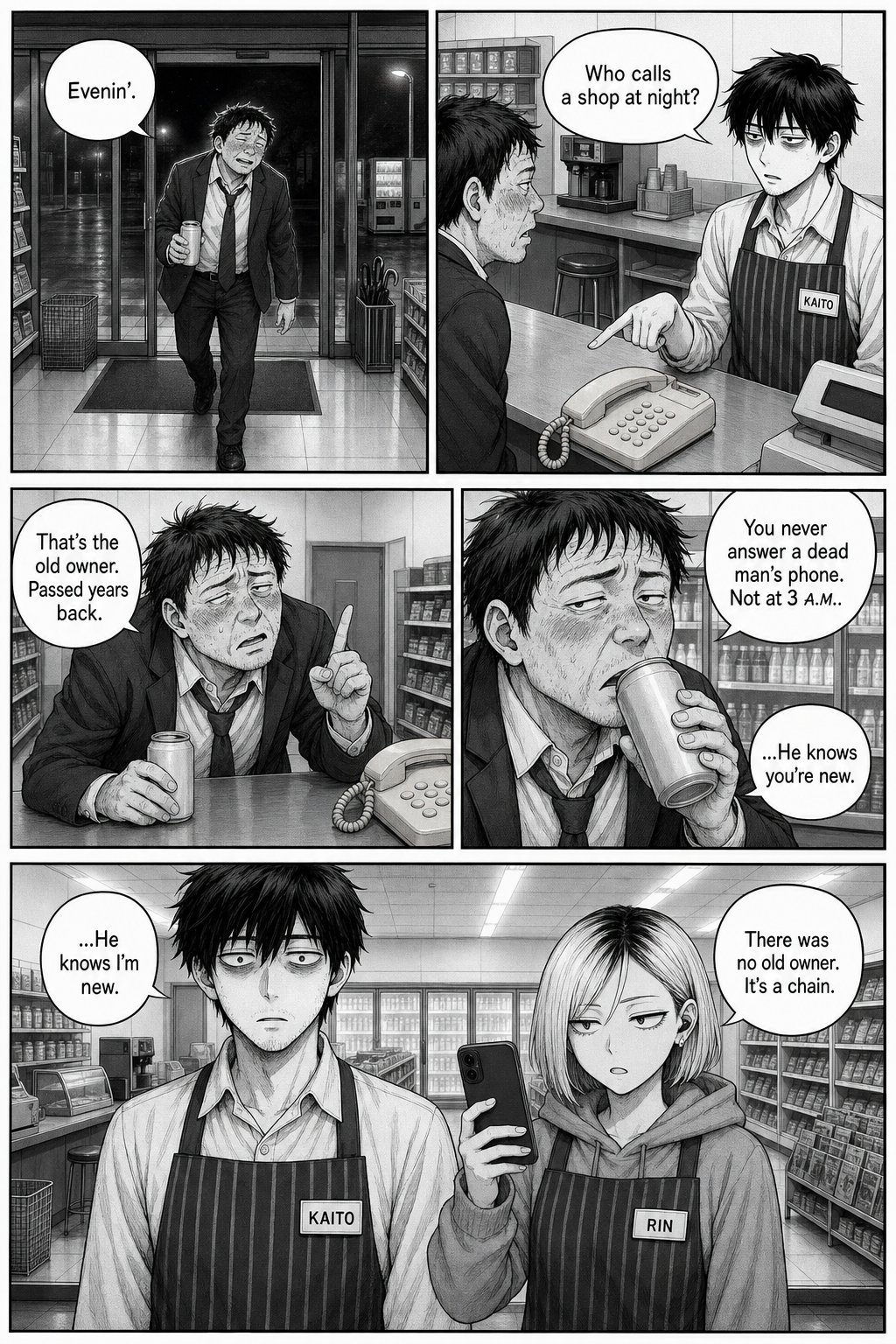 A drunk salaryman staggers in and insists the phone belongs to the shop's dead former owner and must never be answered; Rin says there was no owner, it's a chain.