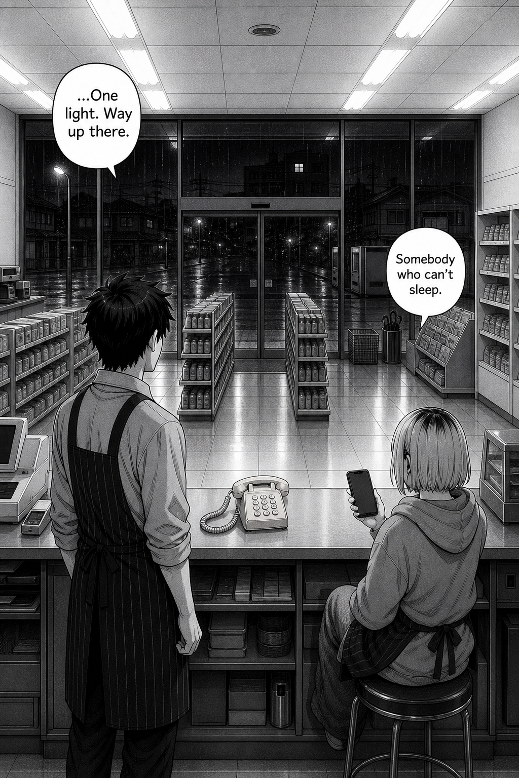 A held night image looking out through the rainy glazing: far off and high, a single lit window glows, the only other light awake. Kaito watches past the silent phone.