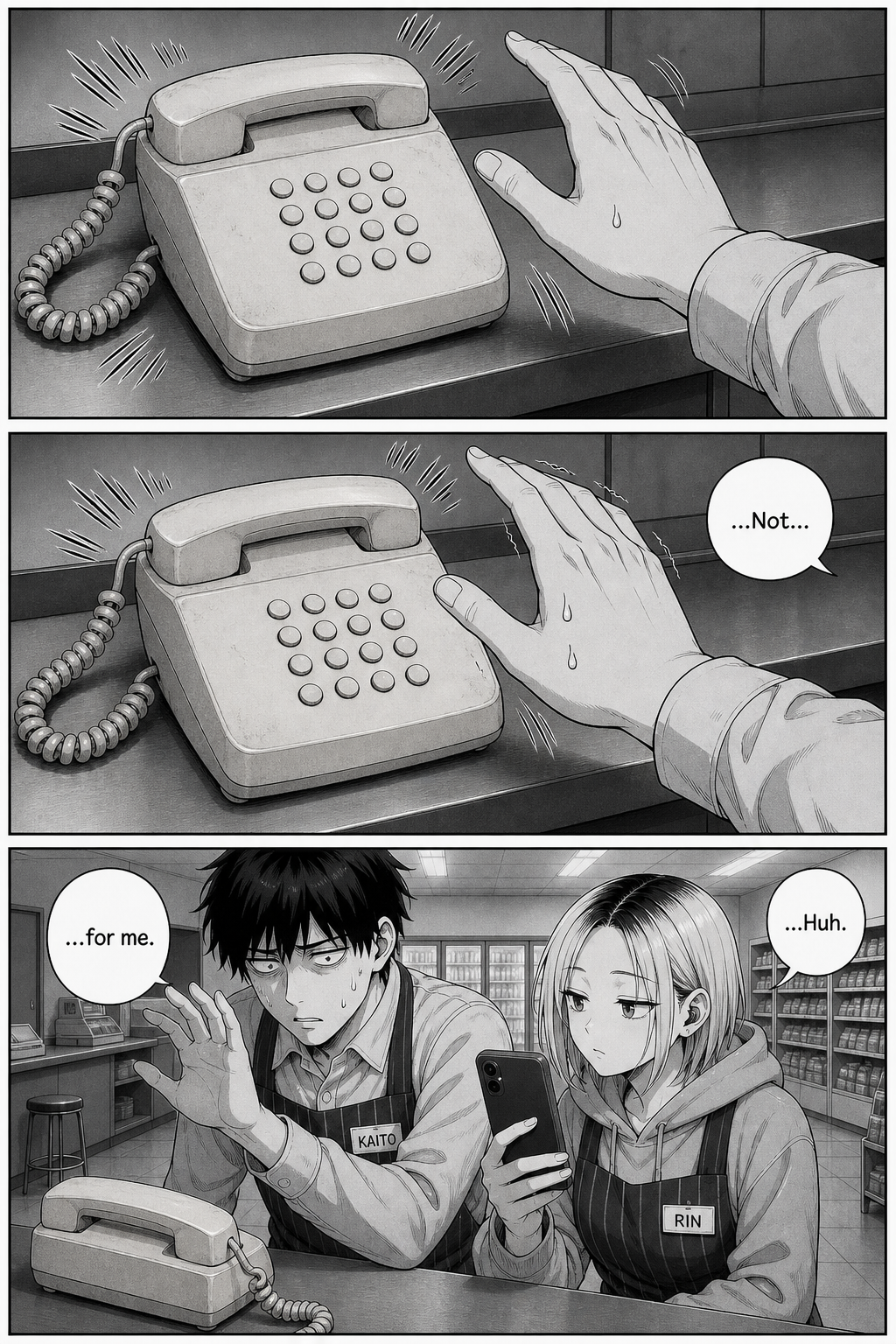 The phone rings harder; Kaito's hovering hand lingers closer than ever, trembling, almost touching it, then withdraws at the last second. Rin watches, unusually quiet.