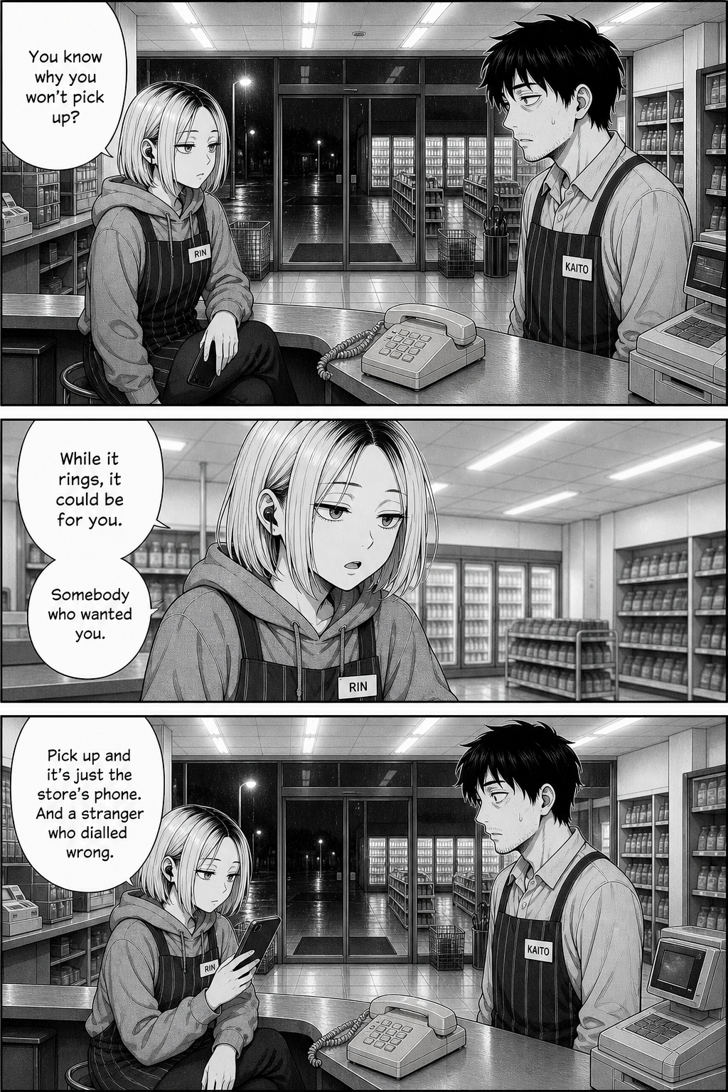 Rin lowers her phone, not filming for once, and quietly tells Kaito he won't pick up because while it rings it could still be for him.