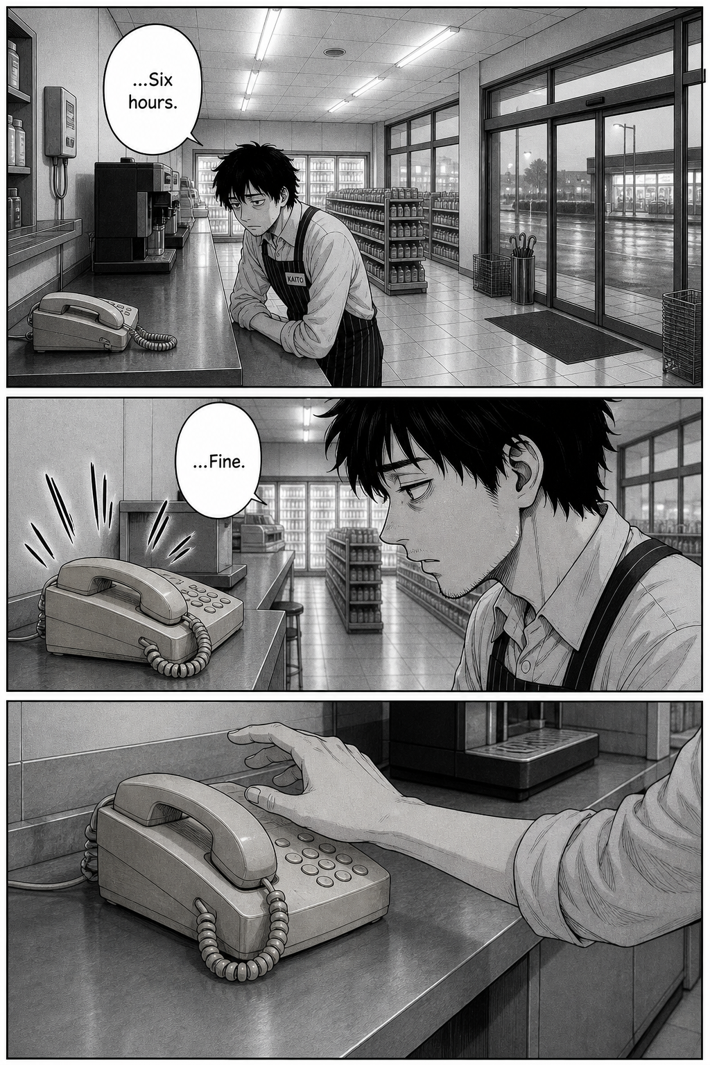 Grey dawn begins at the window with the far light still glowing. The phone rings once more and, exhausted, Kaito finally reaches to take it.