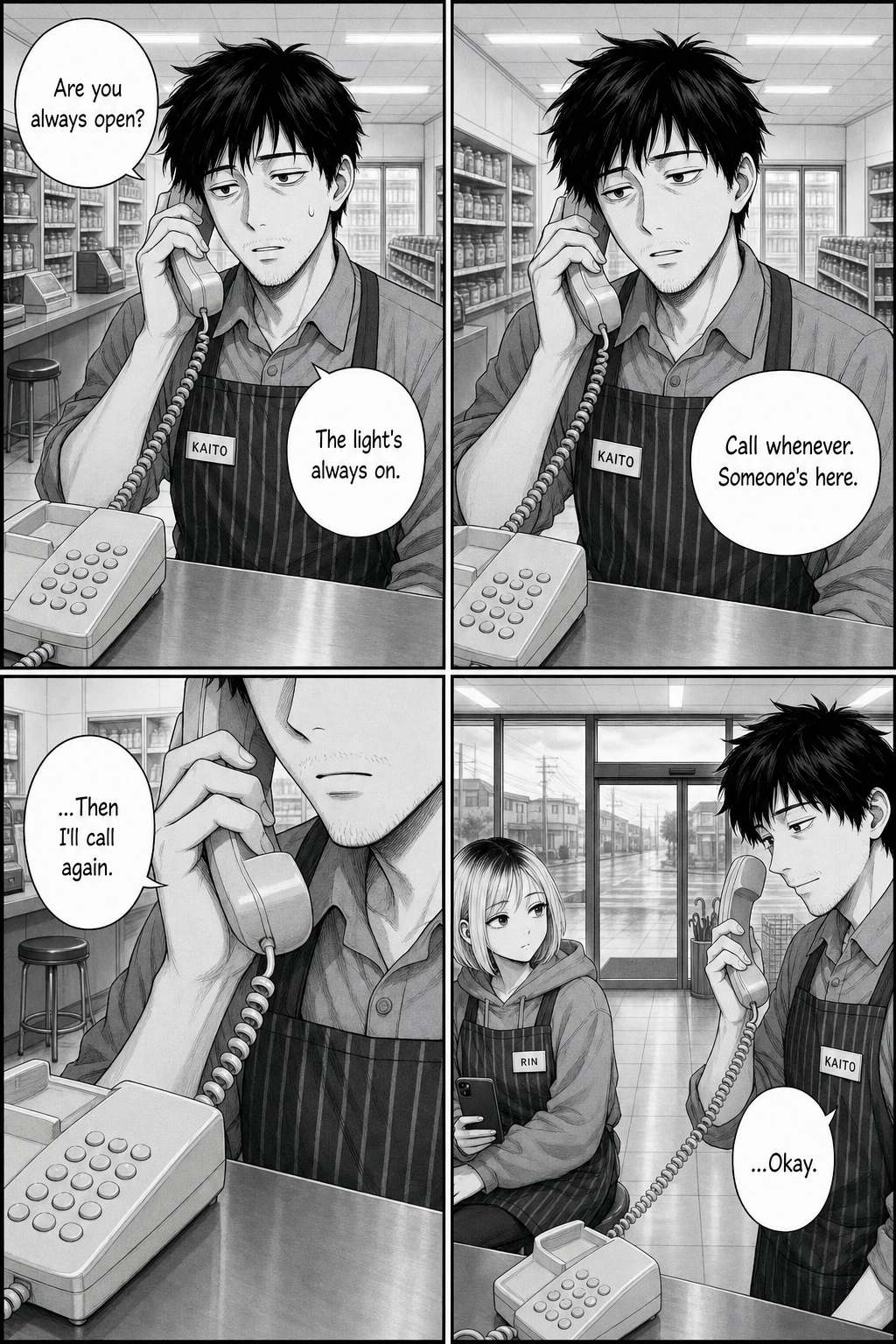 Kaito, unable to say a false thing, tells the caller the light's always on and to call whenever; the caller says they'll call again. Rin watches, phone down.