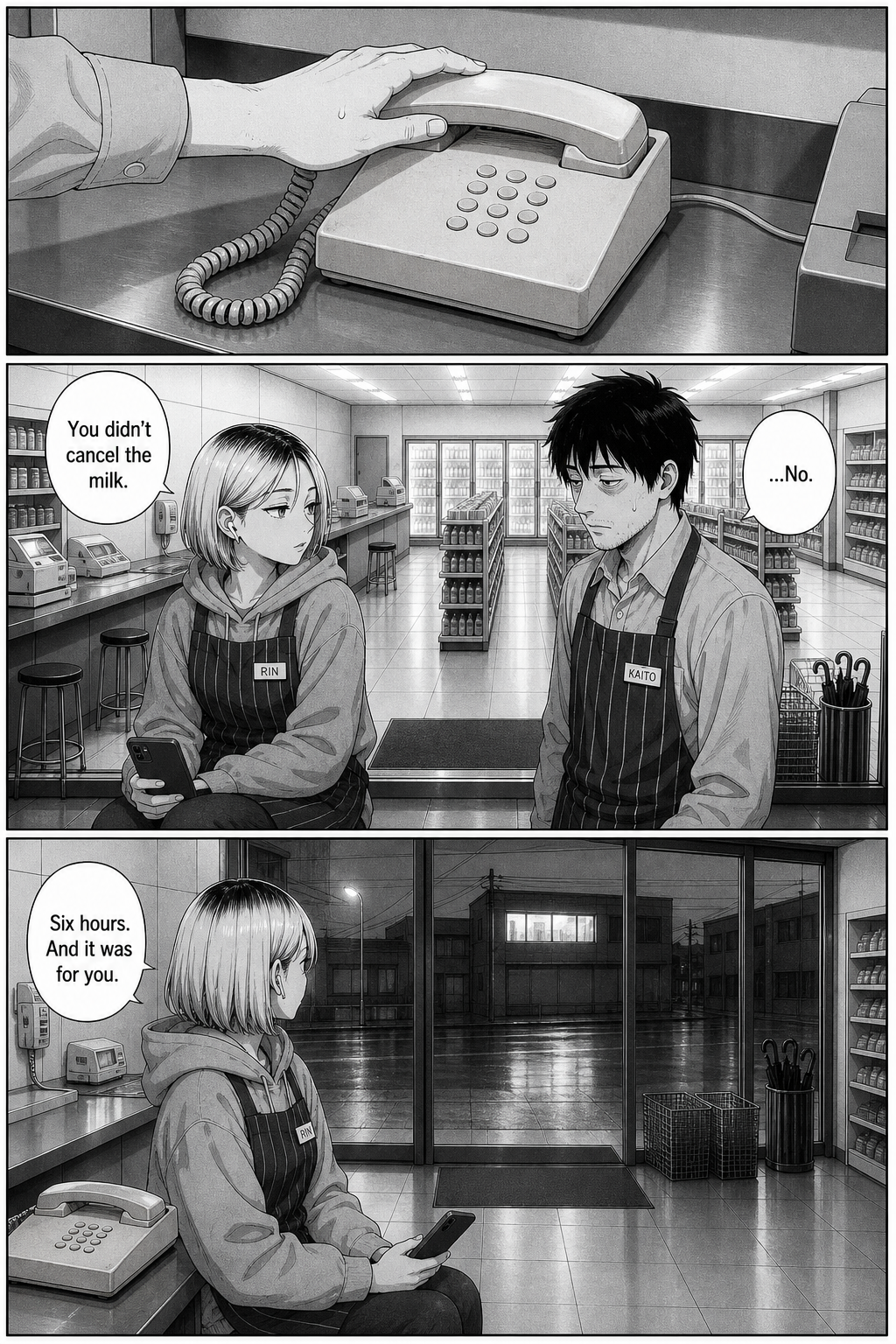 Kaito sets the handset gently back on its cradle. Rin, phone still down and not posting, notes he didn't cancel the milk, then looks out at the far light: six hours, and it was for him.