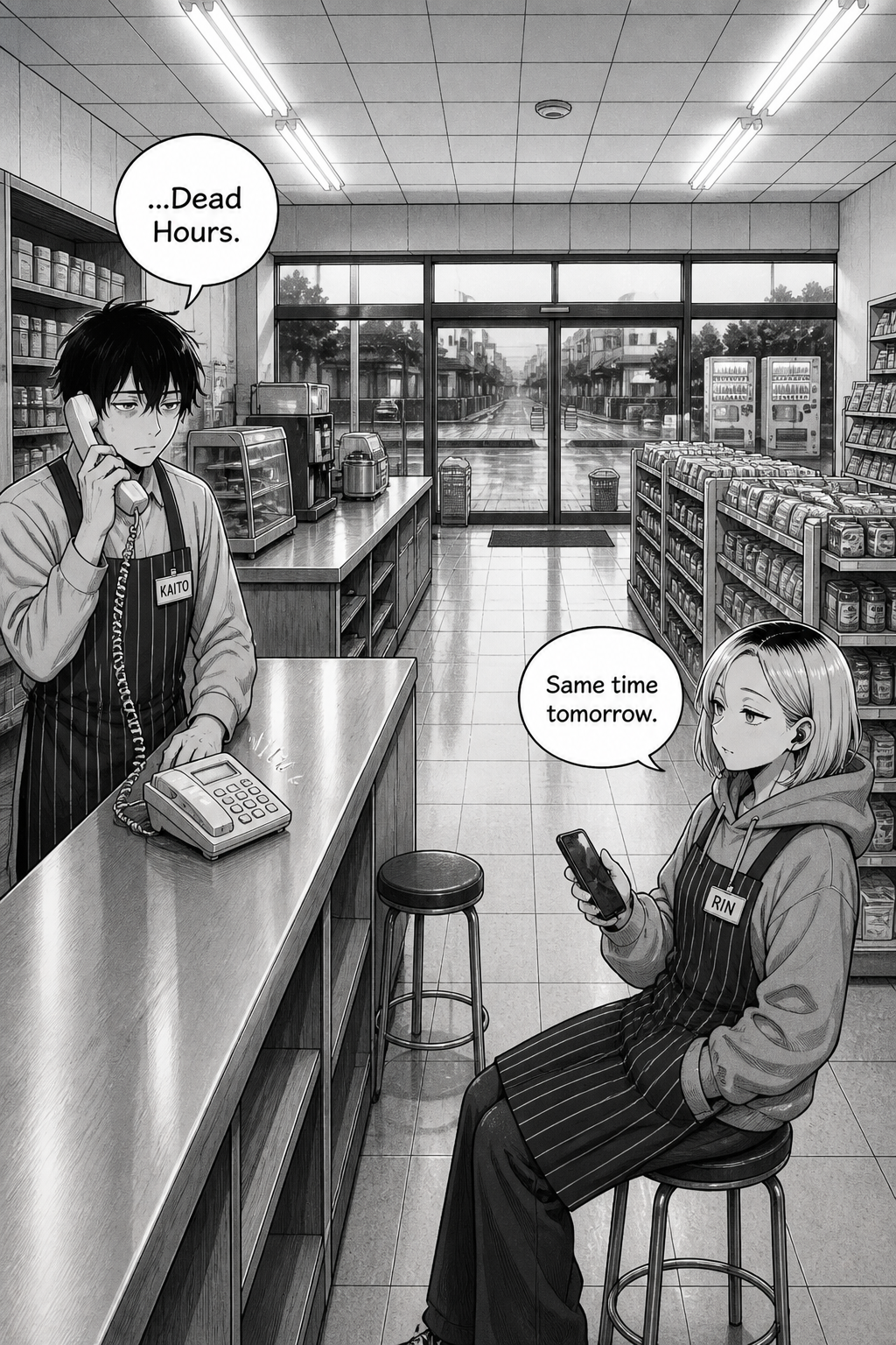 A dawn mirror of page one along the counter: the phone rings again and this time Kaito's hand is already on it, lifting it on the first ring without hesitation, calm.