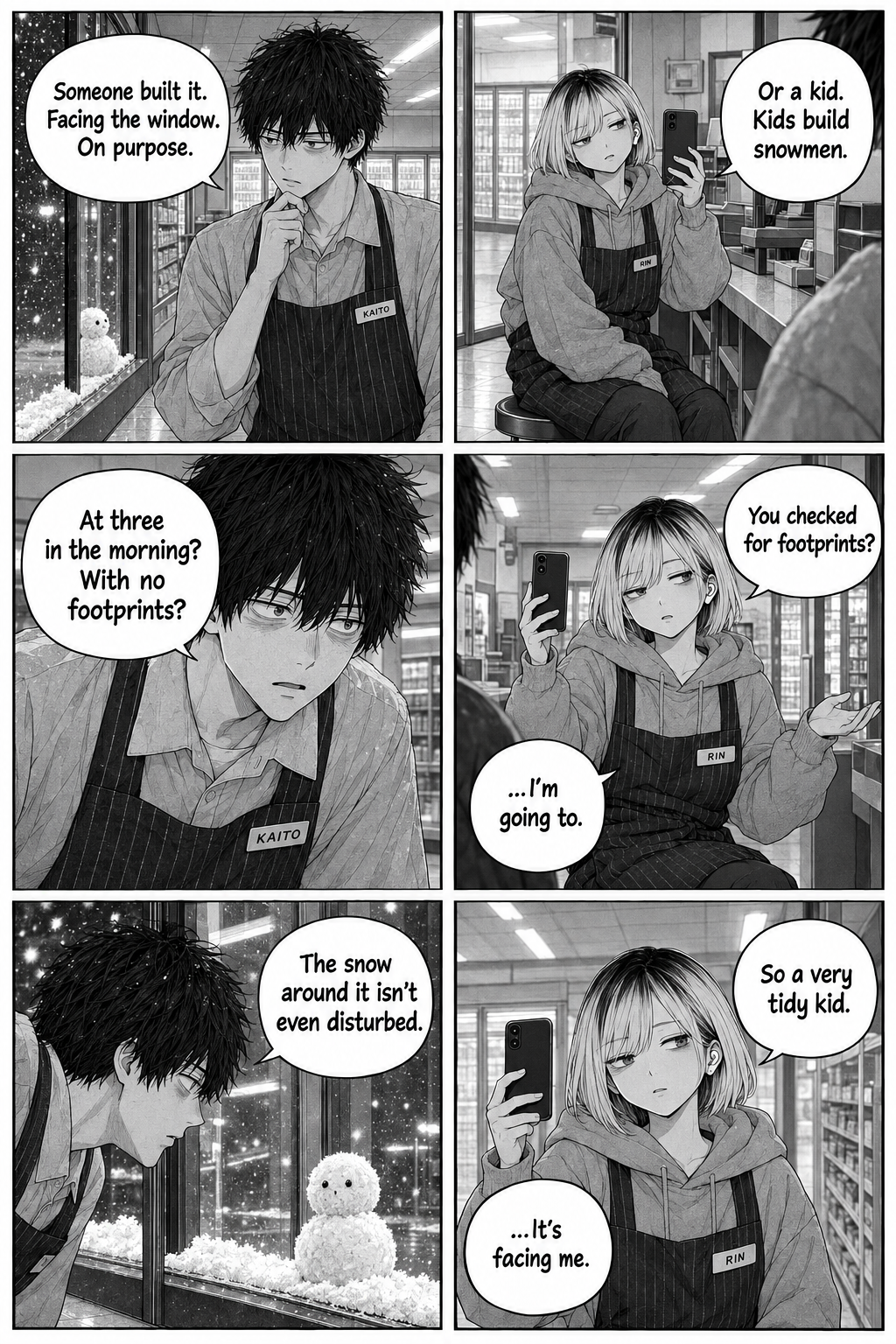 Kaito insists someone built the snowman on purpose while Rin, filming, calmly suggests it was just a kid.
