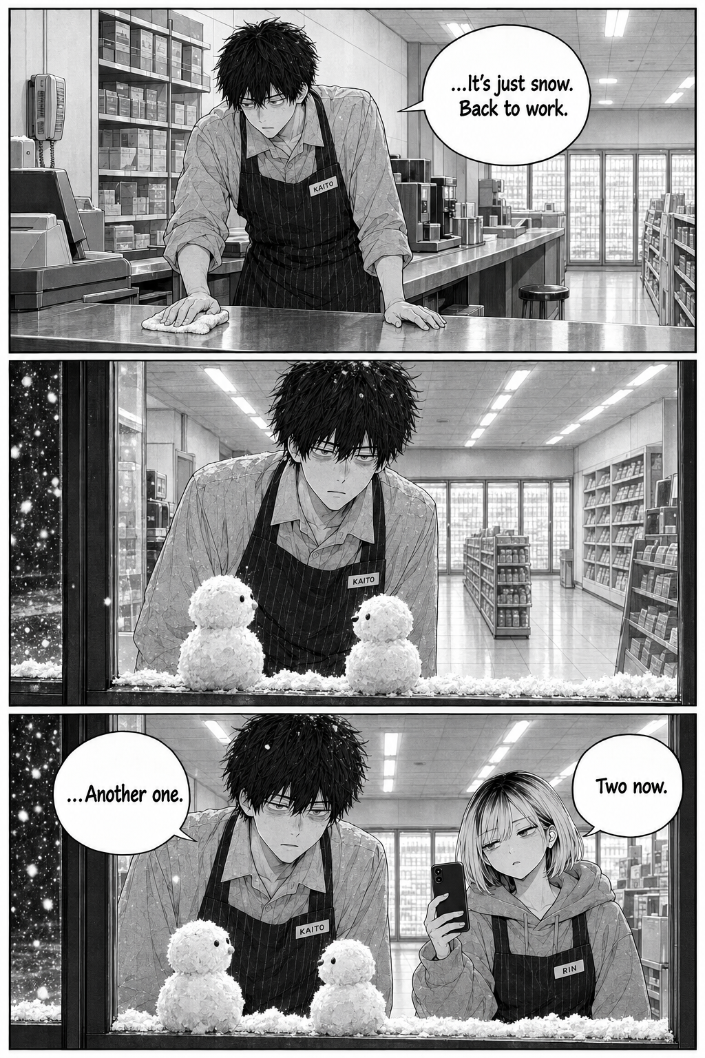Kaito tries to get back to work, then returns to the glass to find two snowmen where there was one.