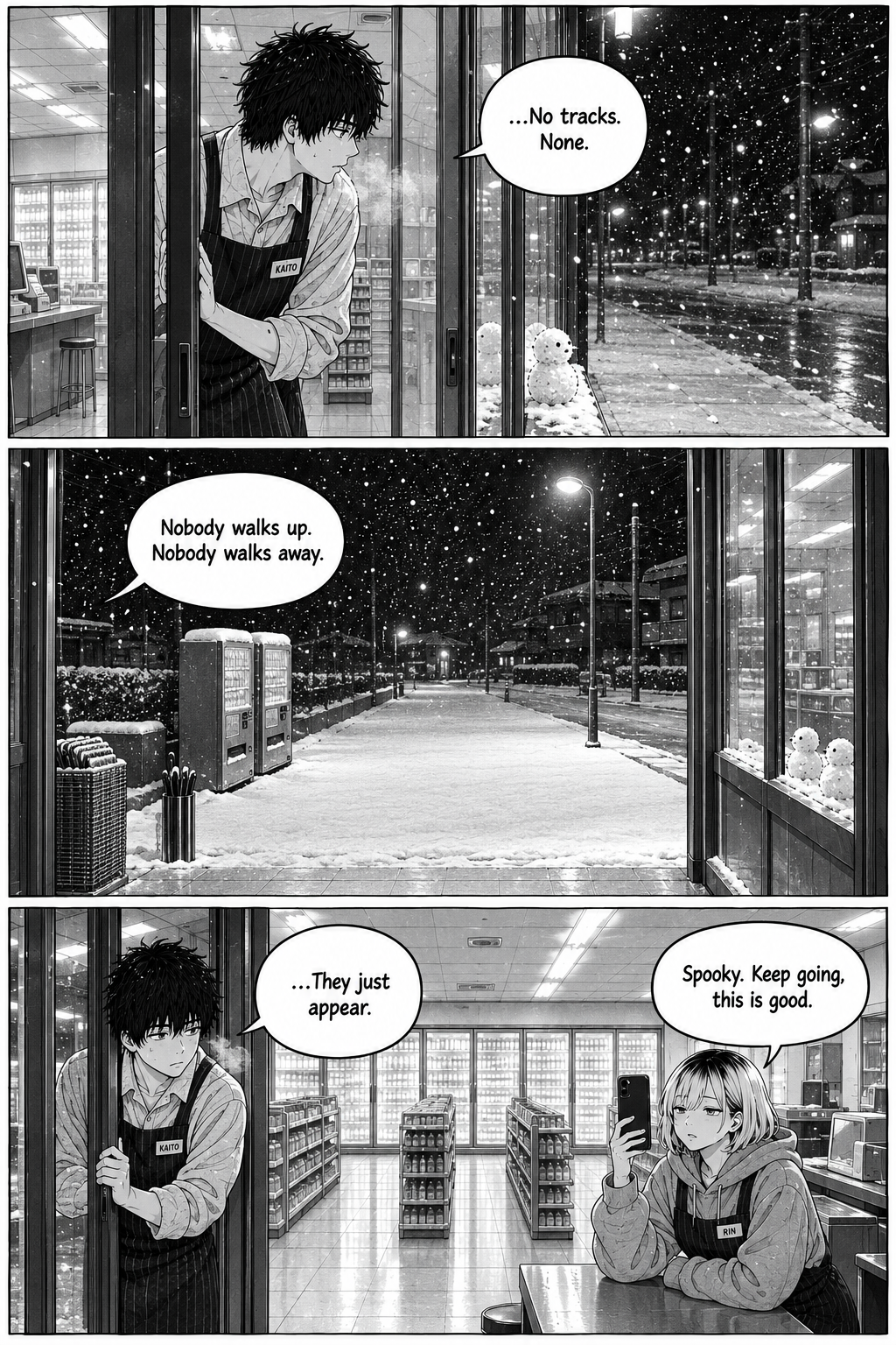 Kaito opens the door and finds no footprints in the snow around the snowmen; the street is empty both ways.