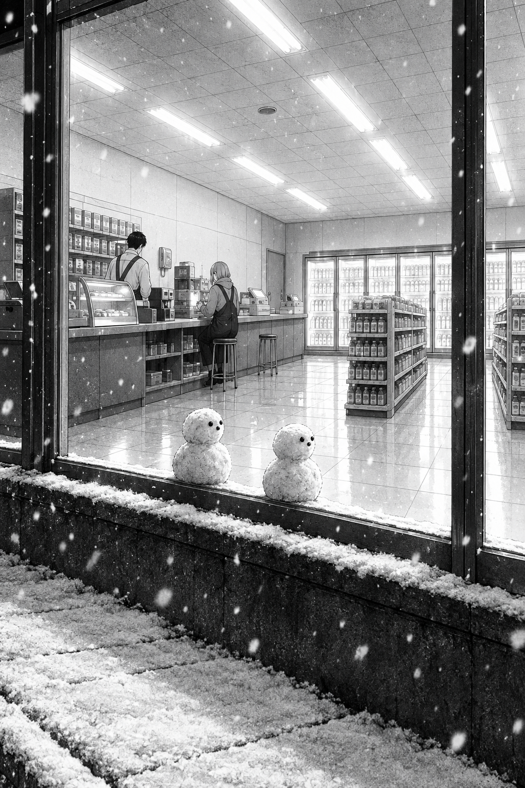 From outside, the warm lit store with Kaito and Rin inside, and two small snowmen on the ledge facing in.