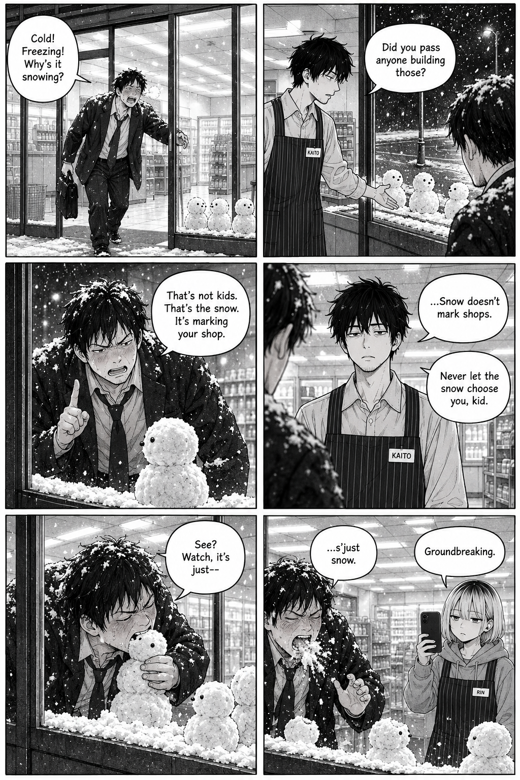 A drunk salaryman insists the snow is 'marking' the shop and bites a snowman to prove it's only snow.