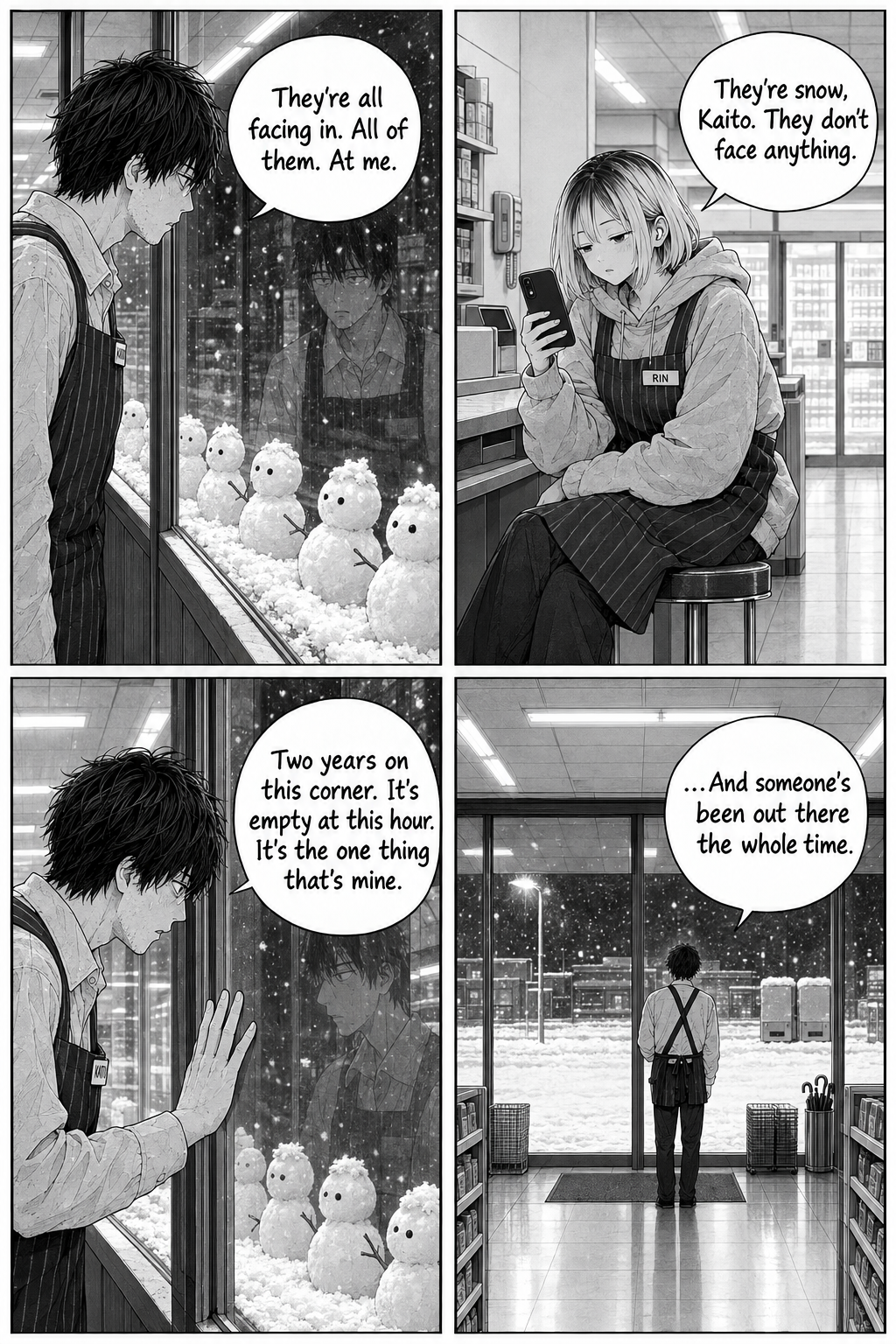 Kaito, unsettled that all the snowmen face in, realizes the empty corner he thought was his was never unwatched.