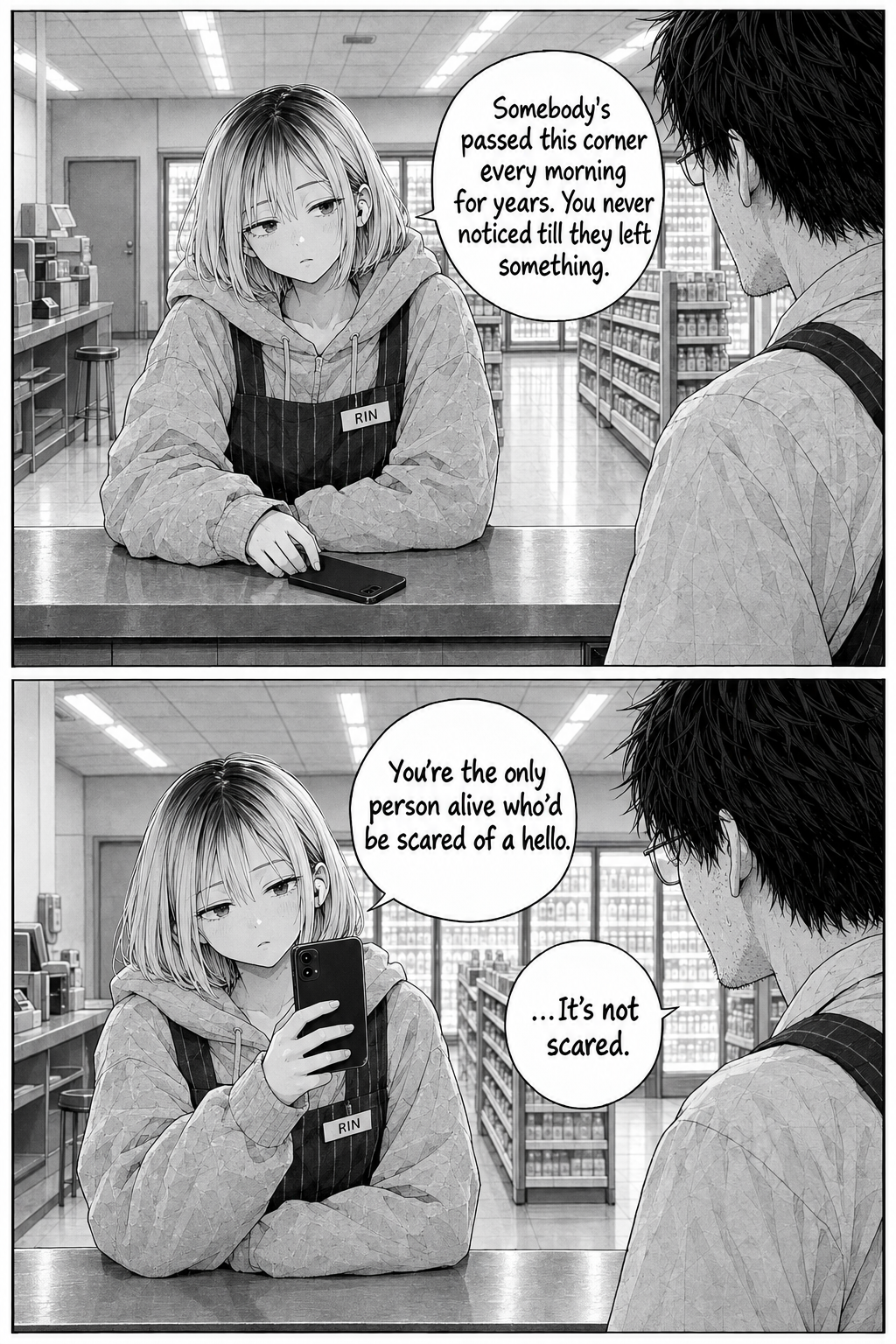 Rin sets her phone down and quietly tells Kaito he's the only person who'd be scared of a hello.