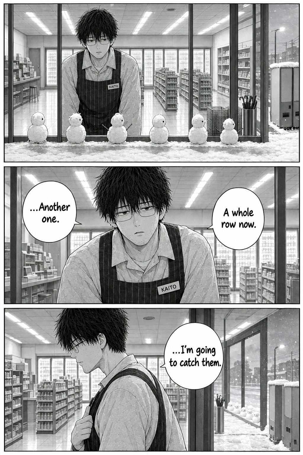 Near dawn there is a whole row of snowmen on the sill; Kaito decides to go outside and catch whoever is making them.