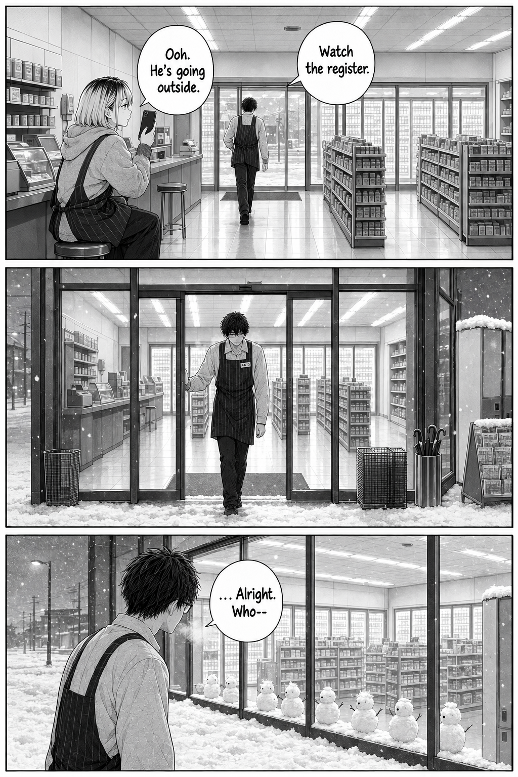 Kaito leaves the counter, steps out through the sliding doors into the snow, and rounds on the row of snowmen from outside.