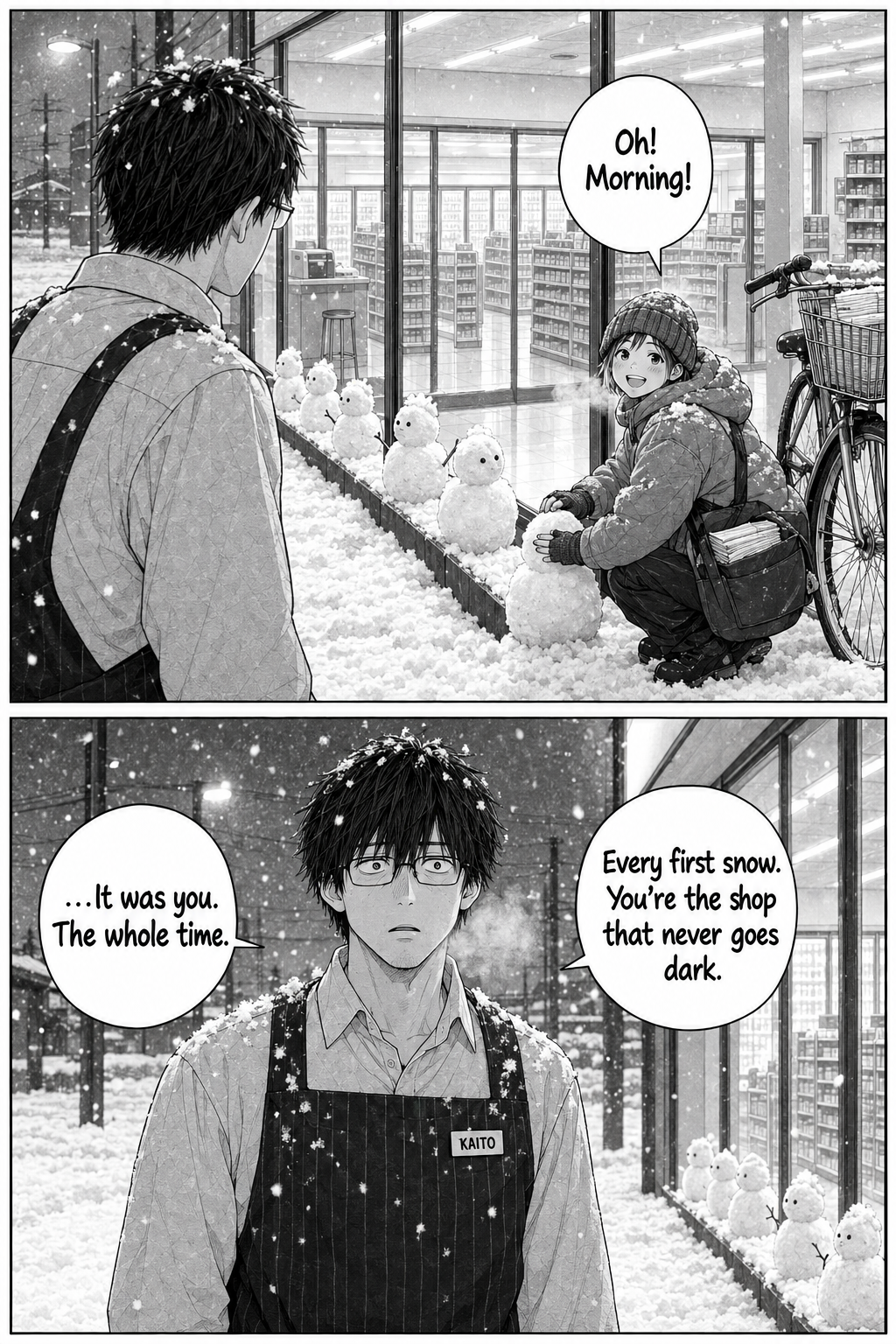 Kaito finds Haru, a bundled-up courier with a bicycle, crouched building the newest snowman, cheerfully wishing him good morning.