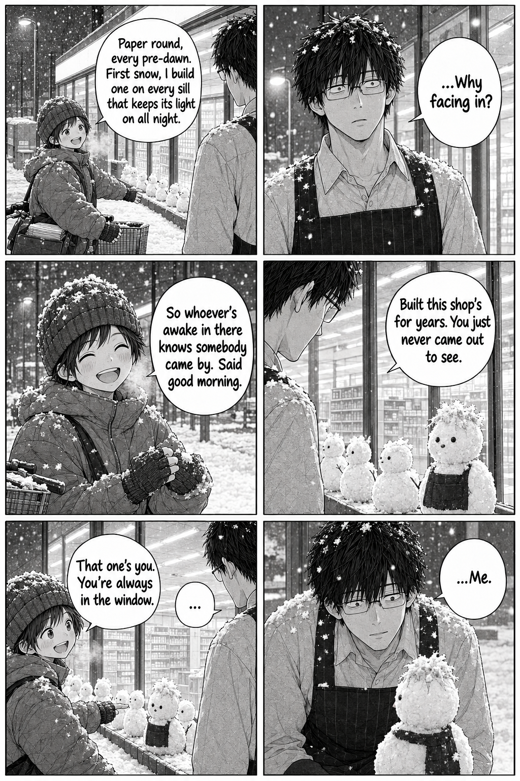 Haru explains she builds a snowman on every all-night shop as a good-morning, and points out that the last one is Kaito.