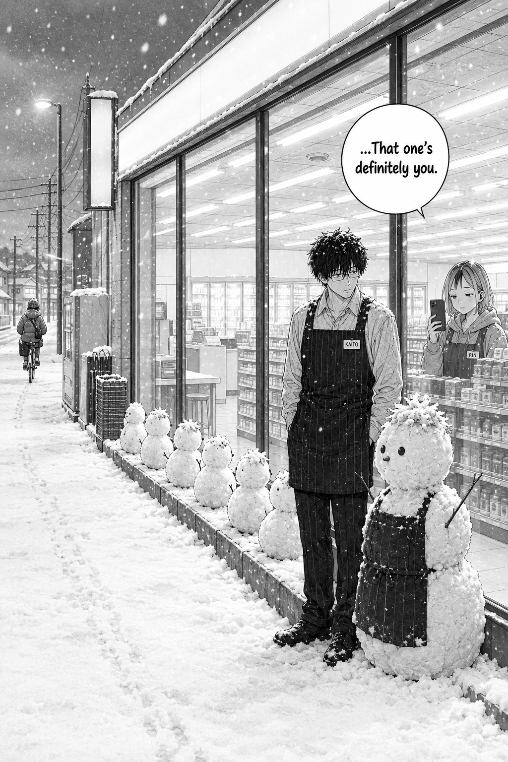 Dawn over the snow-covered corner: Kaito stands outside among the row of snowmen beside the little snowman of himself, while Rin films him through the glass.