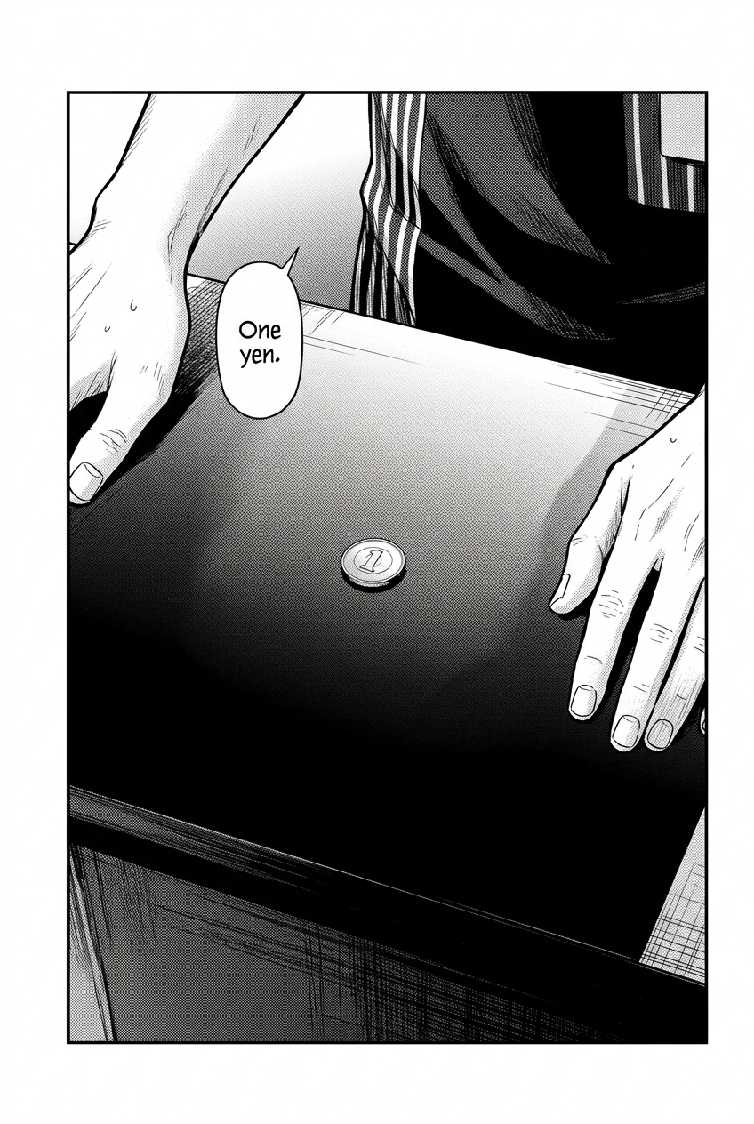 A dramatic close-up isolates the single coin under fluorescent light between Kaito's hands, turning spare change into an object of absurd importance.