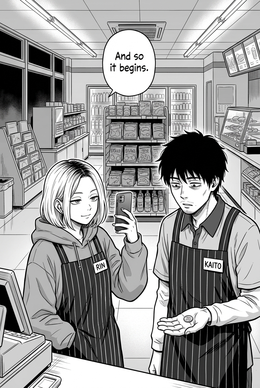 Rin leans on the counter and films Kaito's fixation on the coin, amused by how quickly his night has acquired a plot.