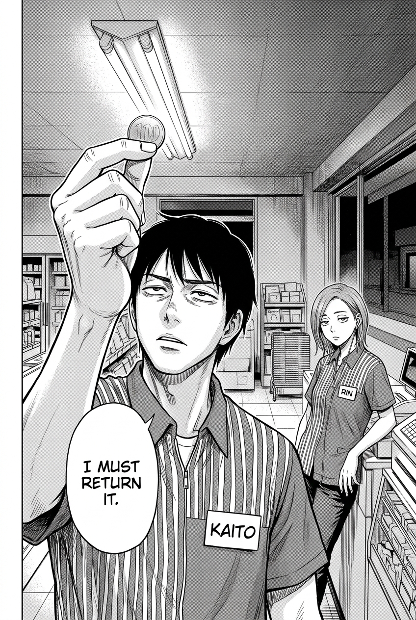 Kaito holds the coin up to the light like a detective, utterly serious about returning a nearly meaningless amount of money.