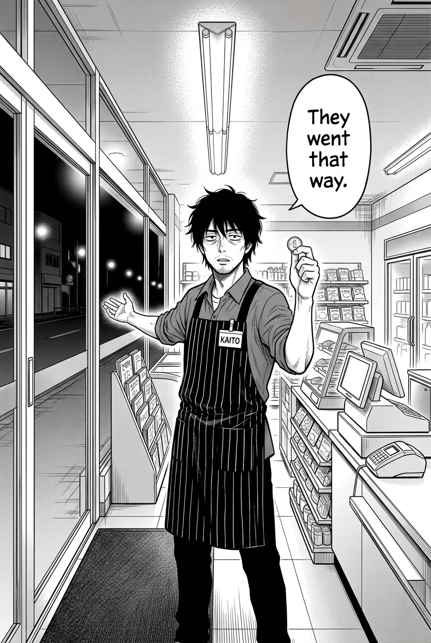 At the glass front door, Kaito raises the coin toward the deserted street as if preparing for a heroic pursuit.