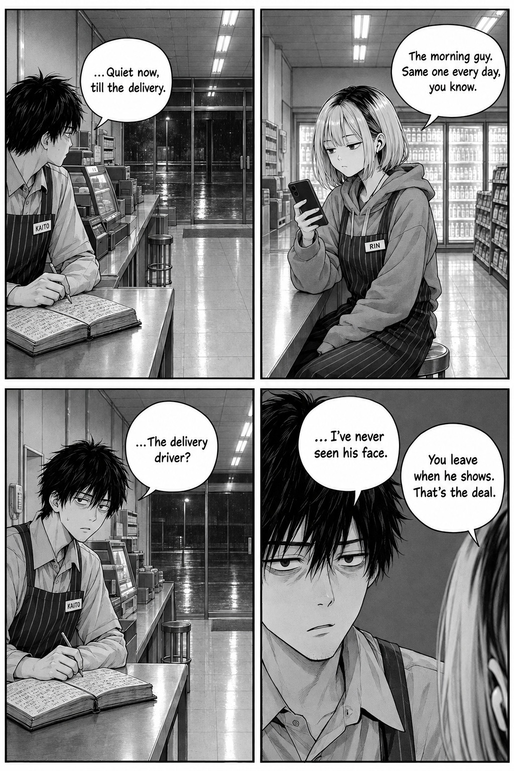 Four panels: Kaito glances at the dark kerb; Rin, on her phone, remarks that the morning delivery driver is the same man every day; Kaito realizes with a dead-eyed stare that he has never seen the driver's face.