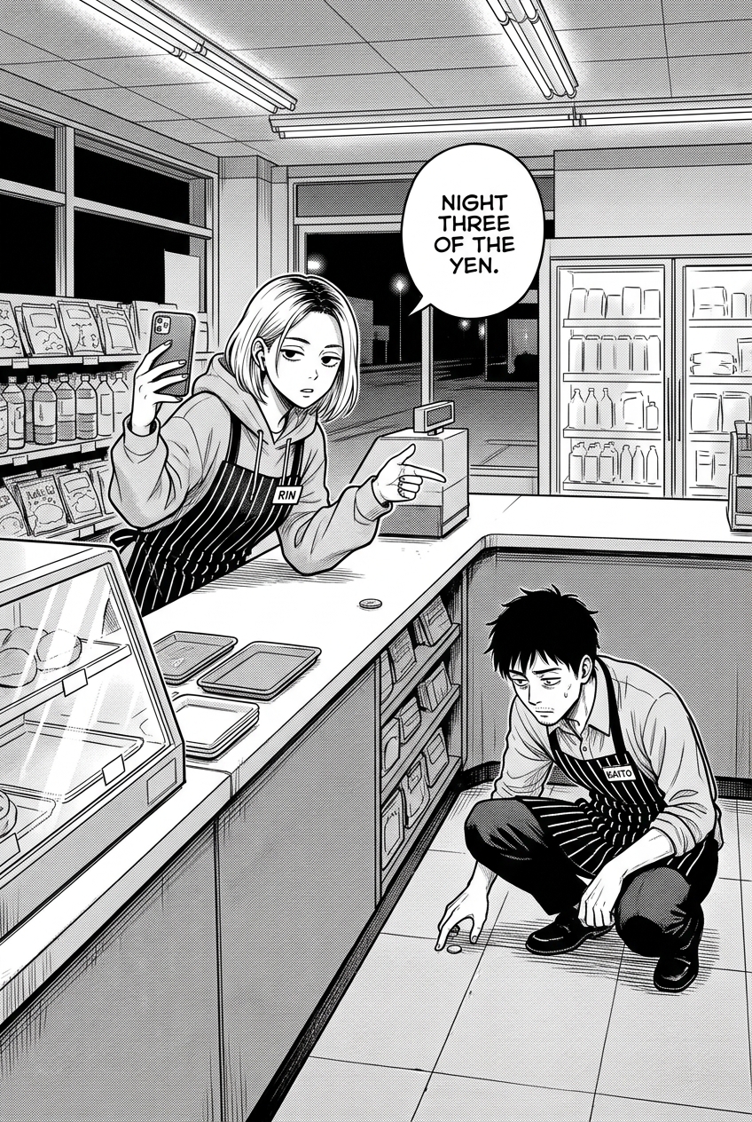 Rin narrates into her phone while Kaito searches the floor for clues, turning the yen incident into mock true-crime content.