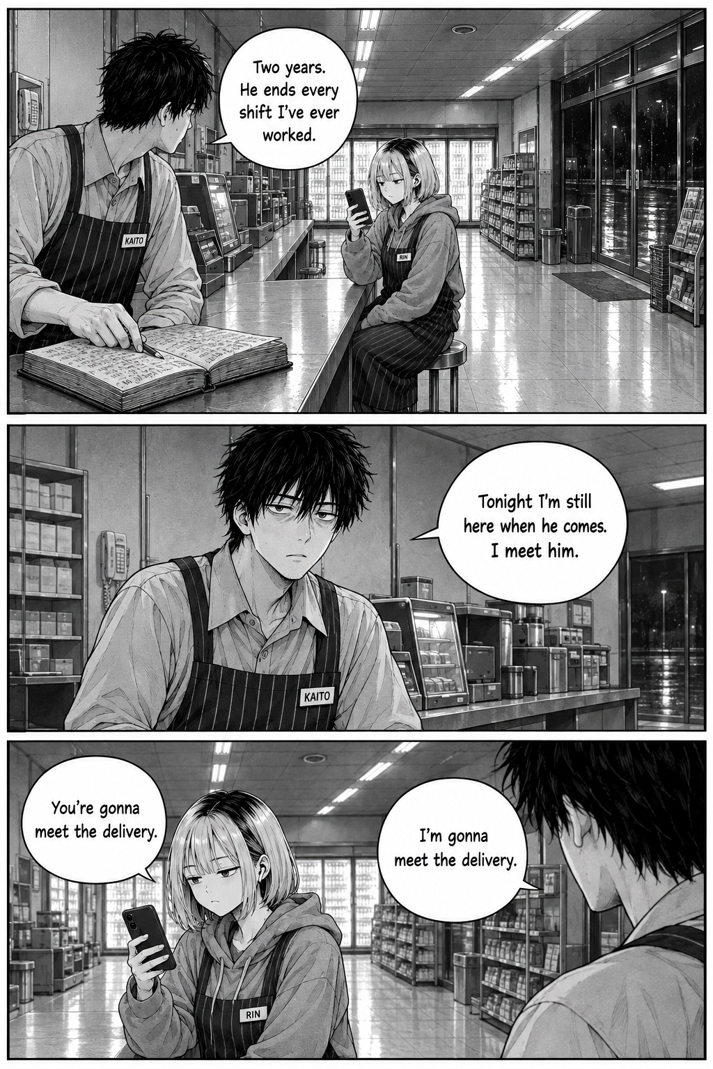 Three panels: Kaito sets down his pencil and resolves, with tired determination, to still be present when the delivery arrives so he can finally meet the driver; Rin flatly repeats it back.