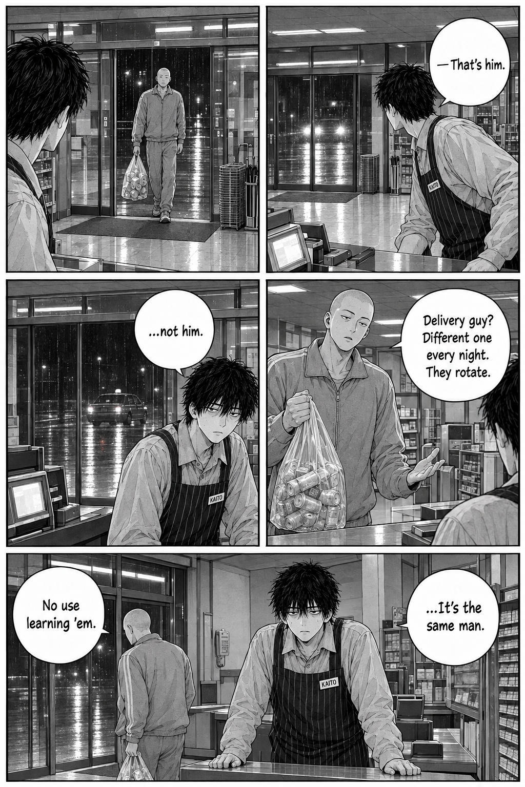 Five panels: the shaved-head tracksuit regular enters; headlights sweep the wet street and Kaito straightens, sure it's the van, but it's only a taxi and he deflates; the regular shrugs that it's a different driver every night.