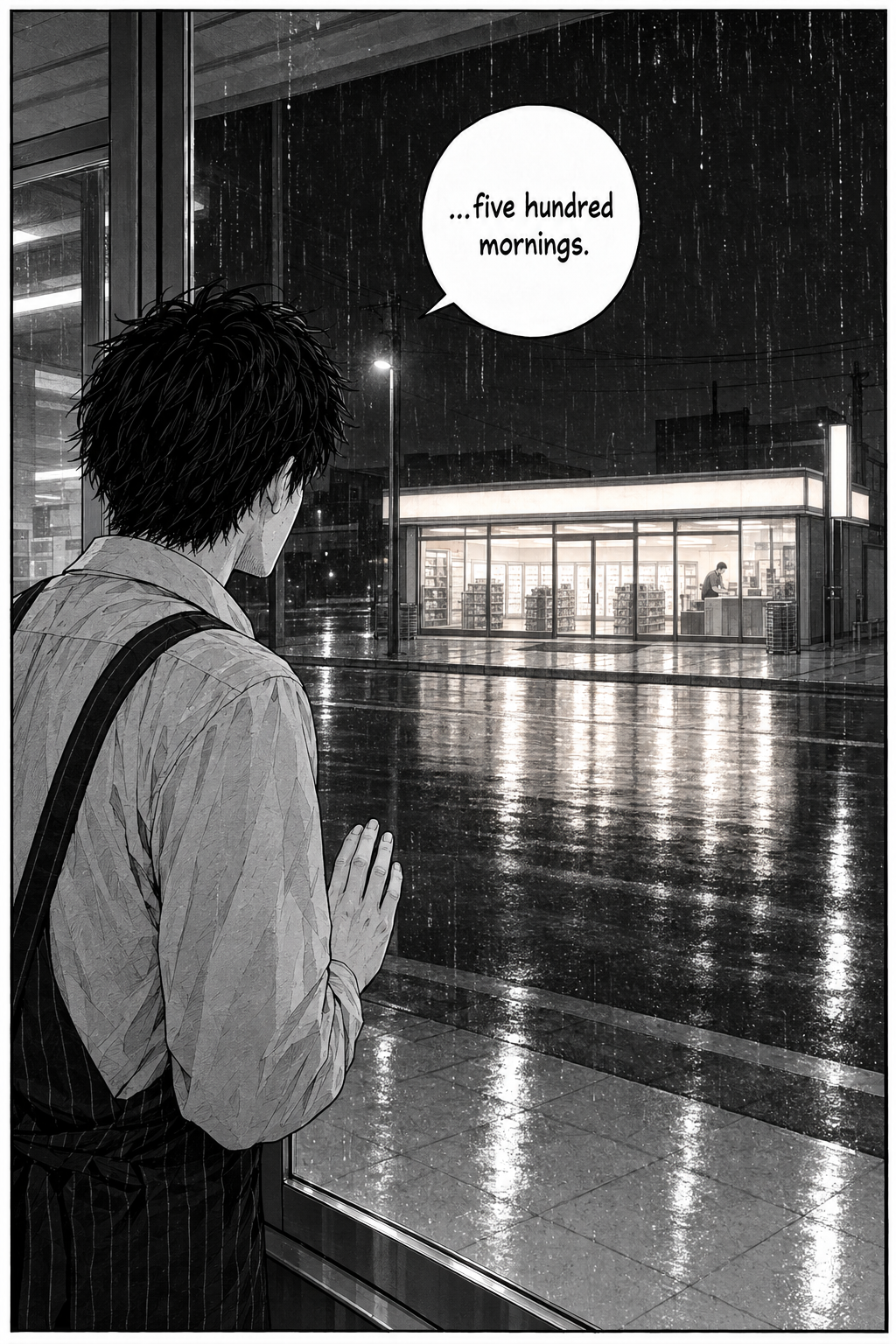 A single quiet panel: Kaito stands alone at the window with a hand near the wet glass, looking across the black rainy street to the warm-lit convenience store on the far corner.
