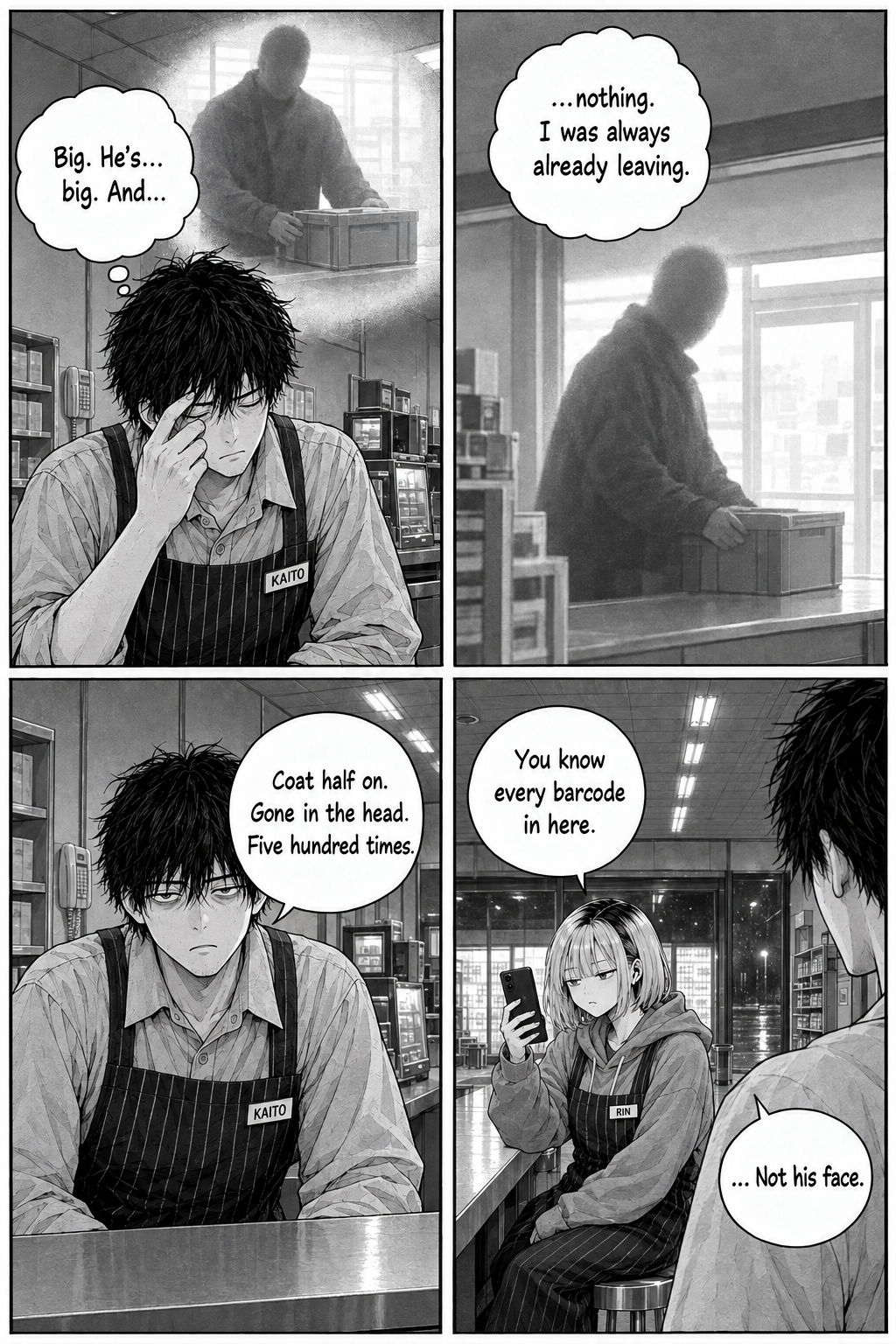 Four panels: Kaito shuts his eyes trying to picture the driver, but the memory is only a faceless silhouette setting down a crate; he admits he was always already leaving; Rin notes he knows every barcode but not the man's face.