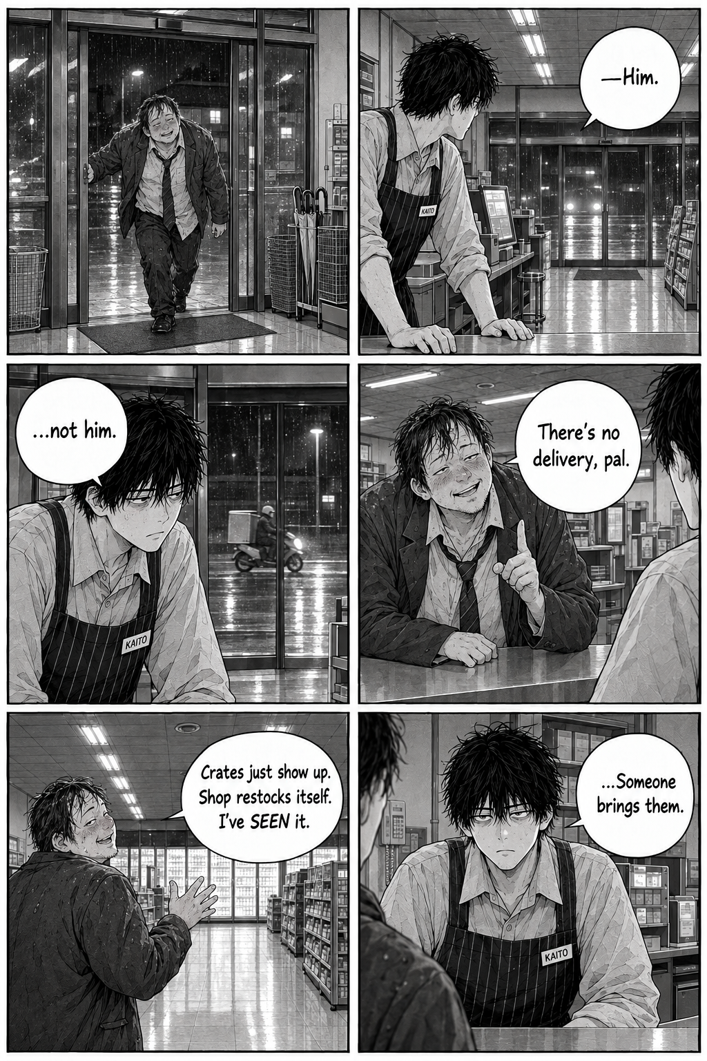 Six panels: a drunk salaryman staggers in; headlights sweep again and Kaito jolts upright, but it's only a scooter and he sinks; the salaryman insists there is no delivery and the store restocks itself.