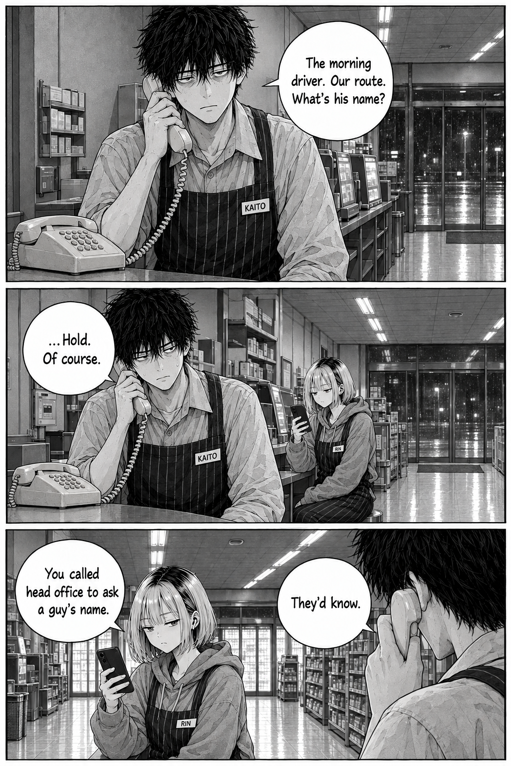 Three panels: Kaito phones head office on the beige landline to ask the morning driver's name and is put on hold; Rin, deadpan, points out he called head office to ask a stranger's name.